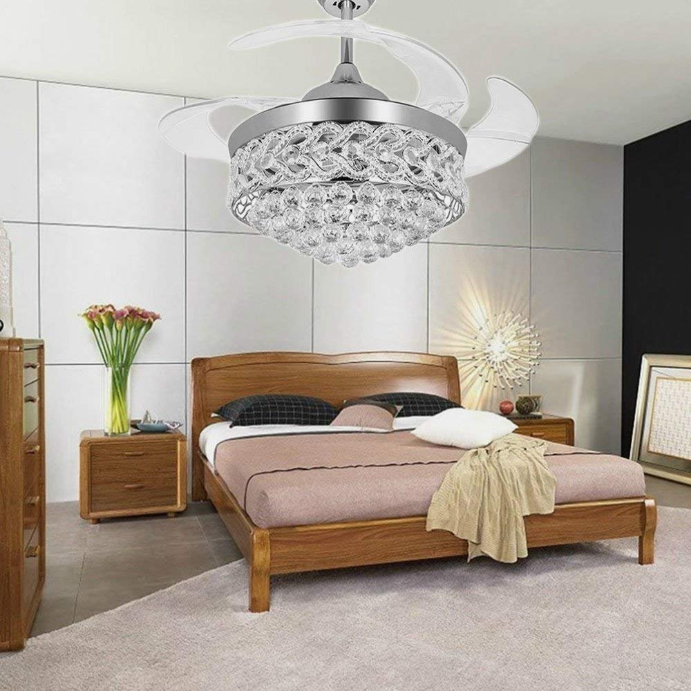 42 Inch Retractable Ceiling Fan with LED Light and Remote Control - 4 Clear ABS Blades - Modern Chandelier Style for Living Room, Dining Room & Bedroom - Quiet Indoor Ceiling Fan Light Combo (Chrome Finish) - Perfect for Home Cooling and Stylish Lighting