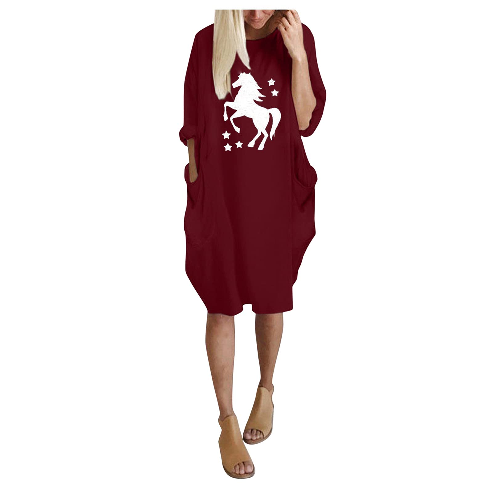 Women's Plus Size Long Sleeve Mini Dress with Pockets - Casual Pullover Printed Tunic for Everyday Wear, Work & Date Nights