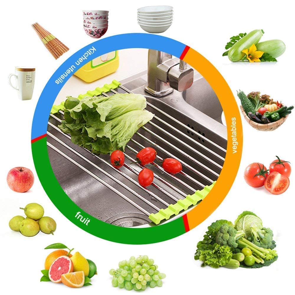 Stainless Steel Foldable Over Sink Dish Drying Rack - Space Saving Kitchen Utensil Holder for Fruits, Vegetables & Dishes | Perfect for Small Kitchens, RVs & Apartments (Multicolor, 1pc)