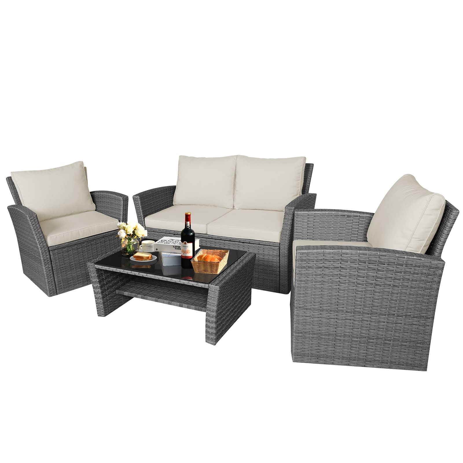 RELAX4LIFE 4-Piece Wicker Patio Furniture Set with Soft Cushions & Tempered Glass Table - Outdoor Rattan Sofa Set for Backyard, Garden, Balcony, Poolside - Sectional Conversation Couch Set (Beige) - Perfect for Relaxing, Entertaining Guests, and Outdoor Dining