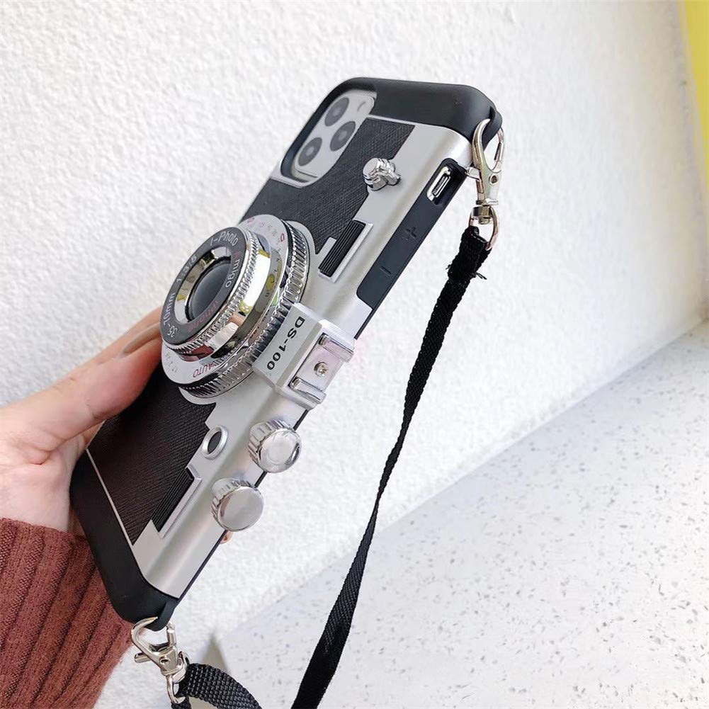 Retro 3D Camera Soft Rubber Silicone Shockproof Hybrid Case with Removable Strap for Apple iPhone 11 Pro Max - Durable Crossbody Phone Cover for Travel, Work & Outdoor Activities (Black)