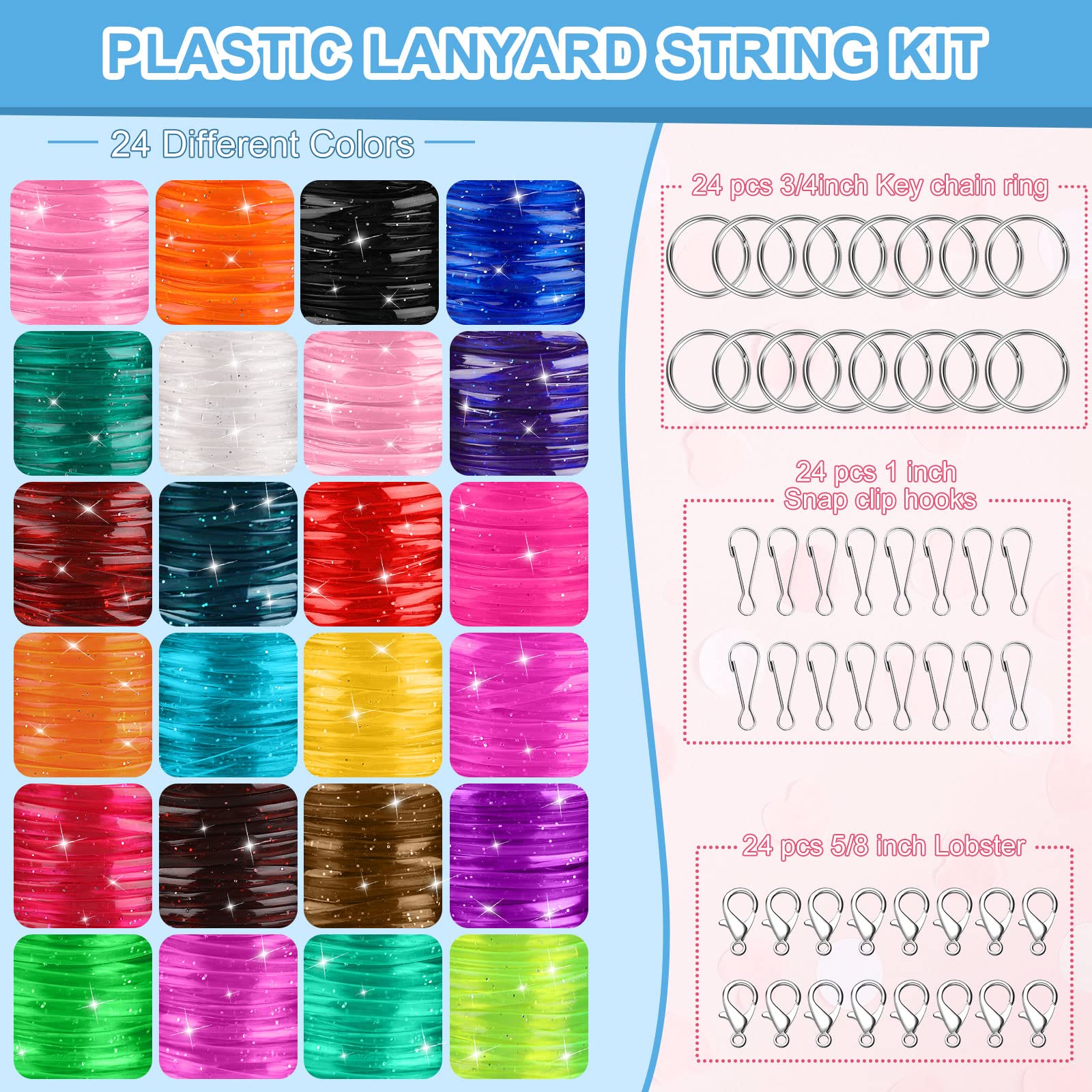 **Janinka 24 Rolls Gimp String Plastic Lacing Cord Kit – Glitter Bracelet Making Supplies with Lobster Clasps, Key Rings & Lanyard Hooks for DIY Jewelry, Keychains & Craft Projects**    *(Perfect for DIY Bracelets, Keychains, Lanyards, and Decorative Crafts – Great for Kids, Teens & Craft Enthusiasts!)*