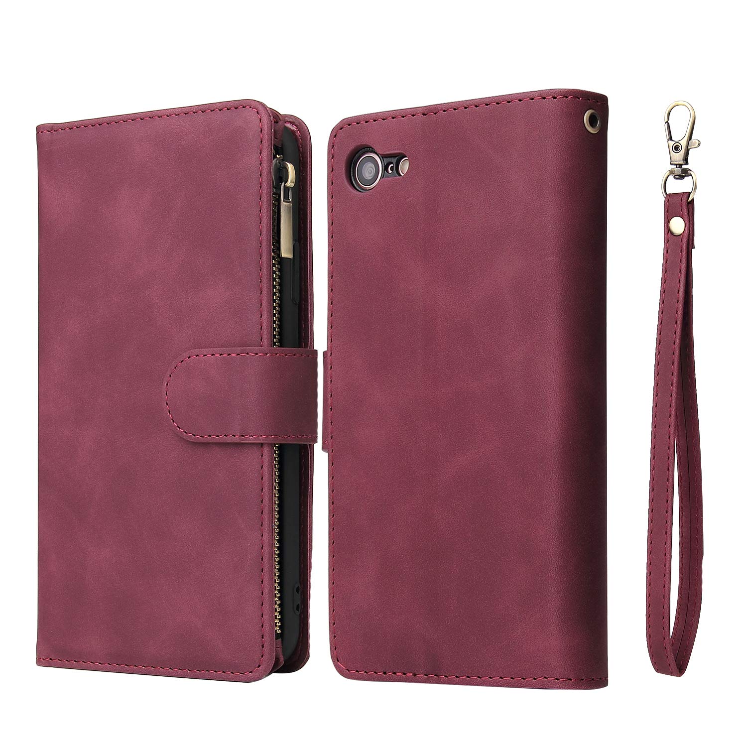Premium PU Leather Magnetic Wallet Case for iPhone SE 2022/SE3/SE2/SE 2020/7/8 - Handbag Style with Zipper Pocket, Card Slots & Wrist Strap | Wine Red | Perfect for Daily Use, Travel & Shopping