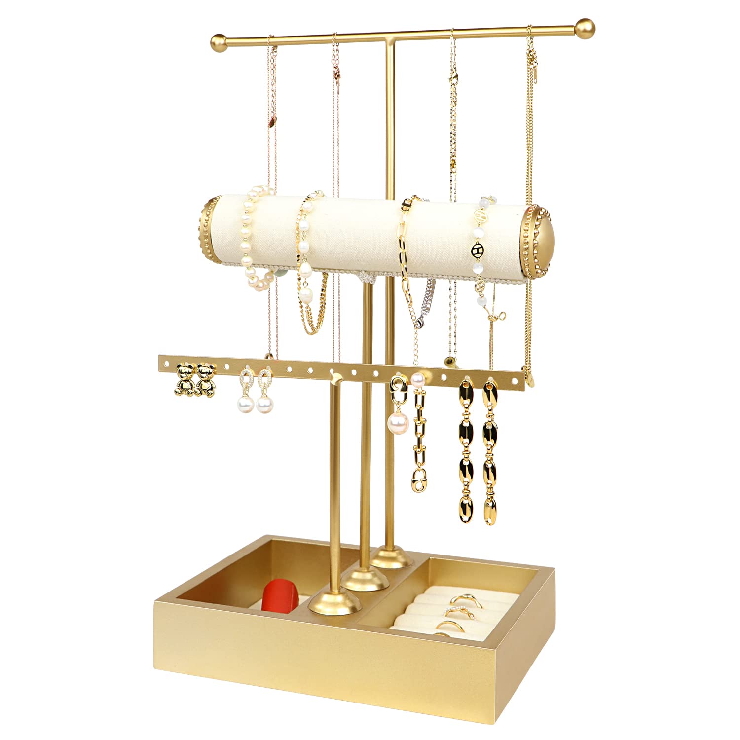 3-in-1 Jewelry Organizer Stand - Wood & Metal Jewelry Holder for Necklaces, Bracelets, Earrings & Rings | Jewelry Display Tree Tower in Gold Finish | Perfect for Bedroom, Bathroom & Travel Organization