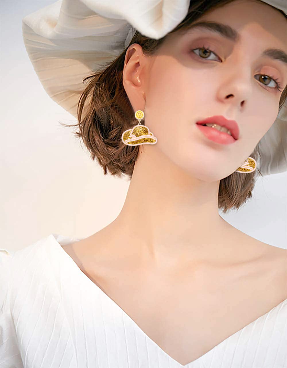 Sparkling Beaded Cowgirl Hat Earrings - Western Style Drop Dangle Earrings for Women | Perfect for Weddings, Bridal Showers & Country-Themed Parties | Trendy Fashion Jewelry Gift