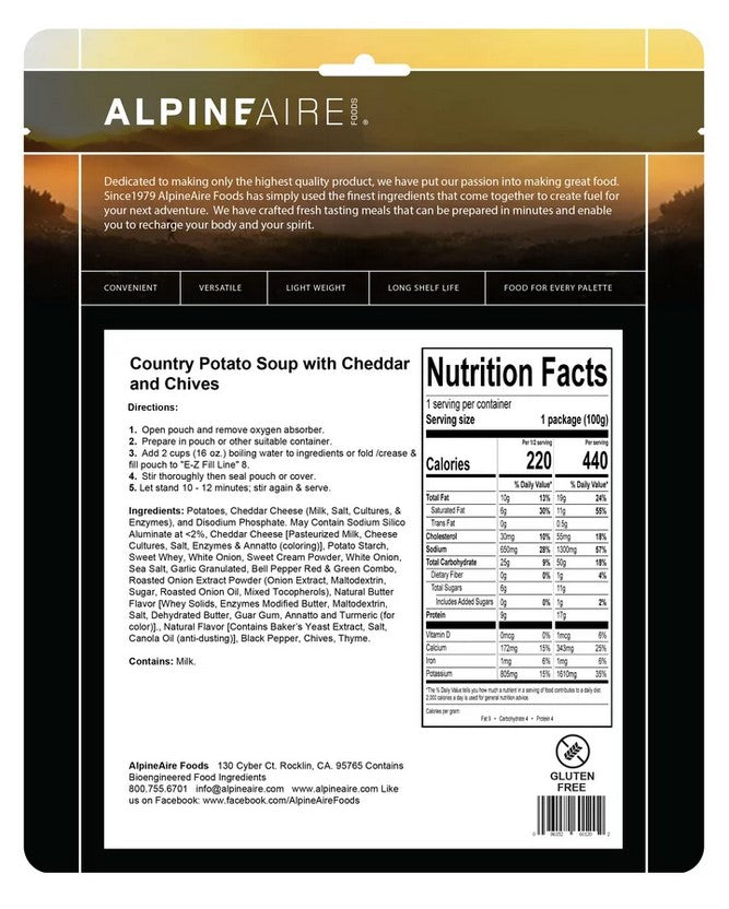 AlpineAire Country Potato Soup with Cheddar & Chives | Freeze Dried Backpacking & Camping Food | Lightweight Emergency Meal for Hiking, Survival & Outdoor Adventures