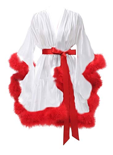 Yexinbridal Feather Trim Silk Satin Bridal Robe - Elegant Lace Lingerie Nightgown for Wedding, Honeymoon & Boudoir Photography - Plus Size Sleepwear & Bathrobe for Women