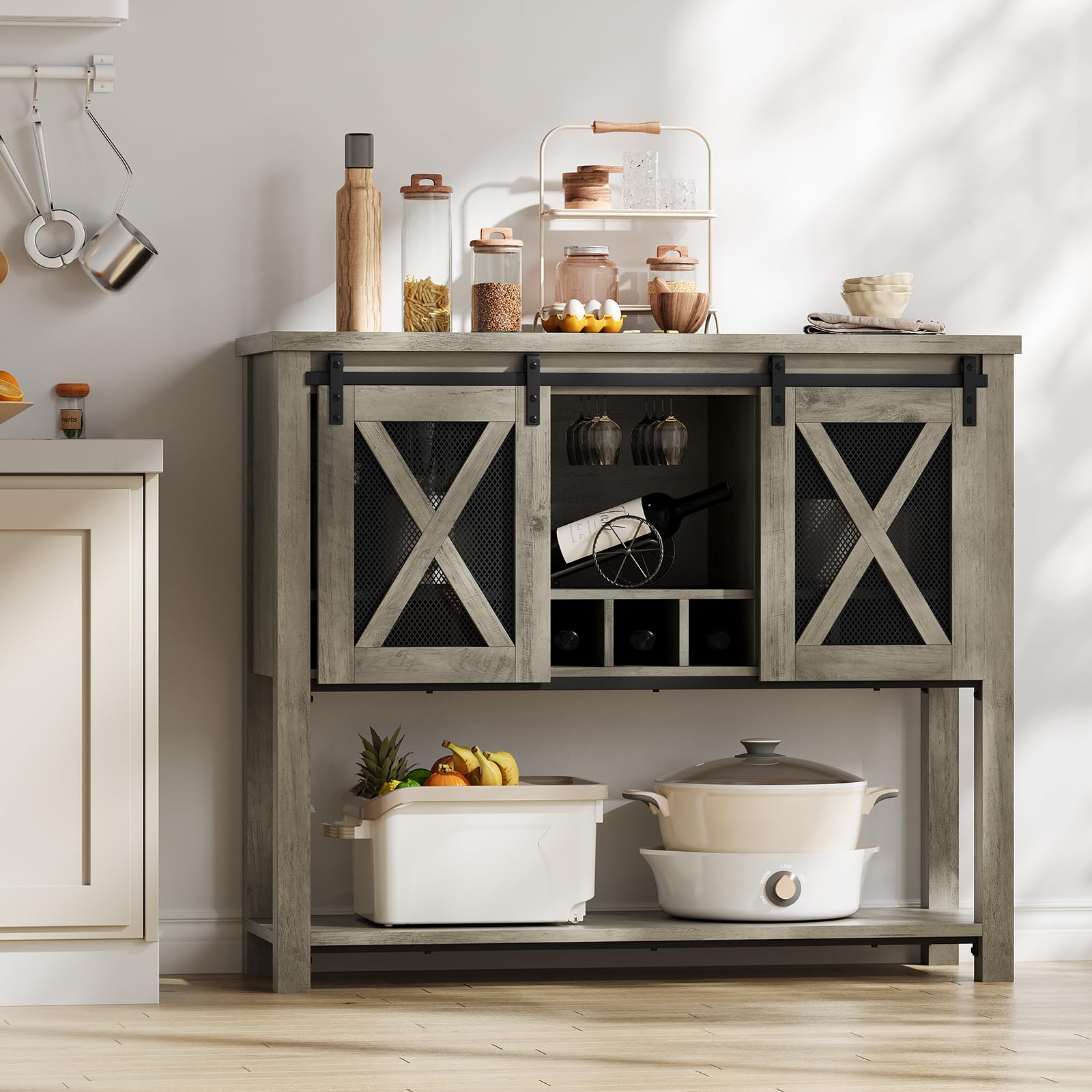Farmhouse Bar Cabinet with Storage - Sideboard Buffet & Coffee Bar Cabinet with Sliding Barn Door - Wine Cabinet with Wine Rack for Kitchen, Dining Room & Living Room - Perfect for Home Entertaining & Storage Solutions