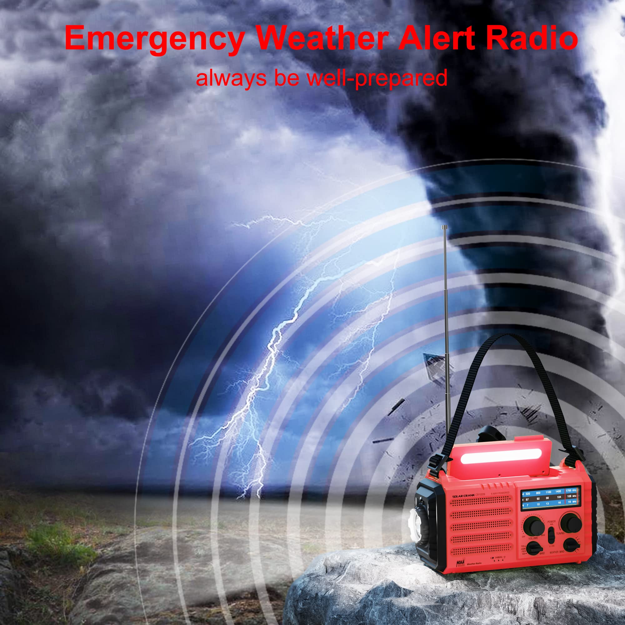 5-Way Powered Emergency Solar Hand Crank AM/FM/SW/NOAA Weather Radio with Flashlight & USB Charger - Green/Orange/Red for Outdoor Camping, Hiking & Disaster Preparedness