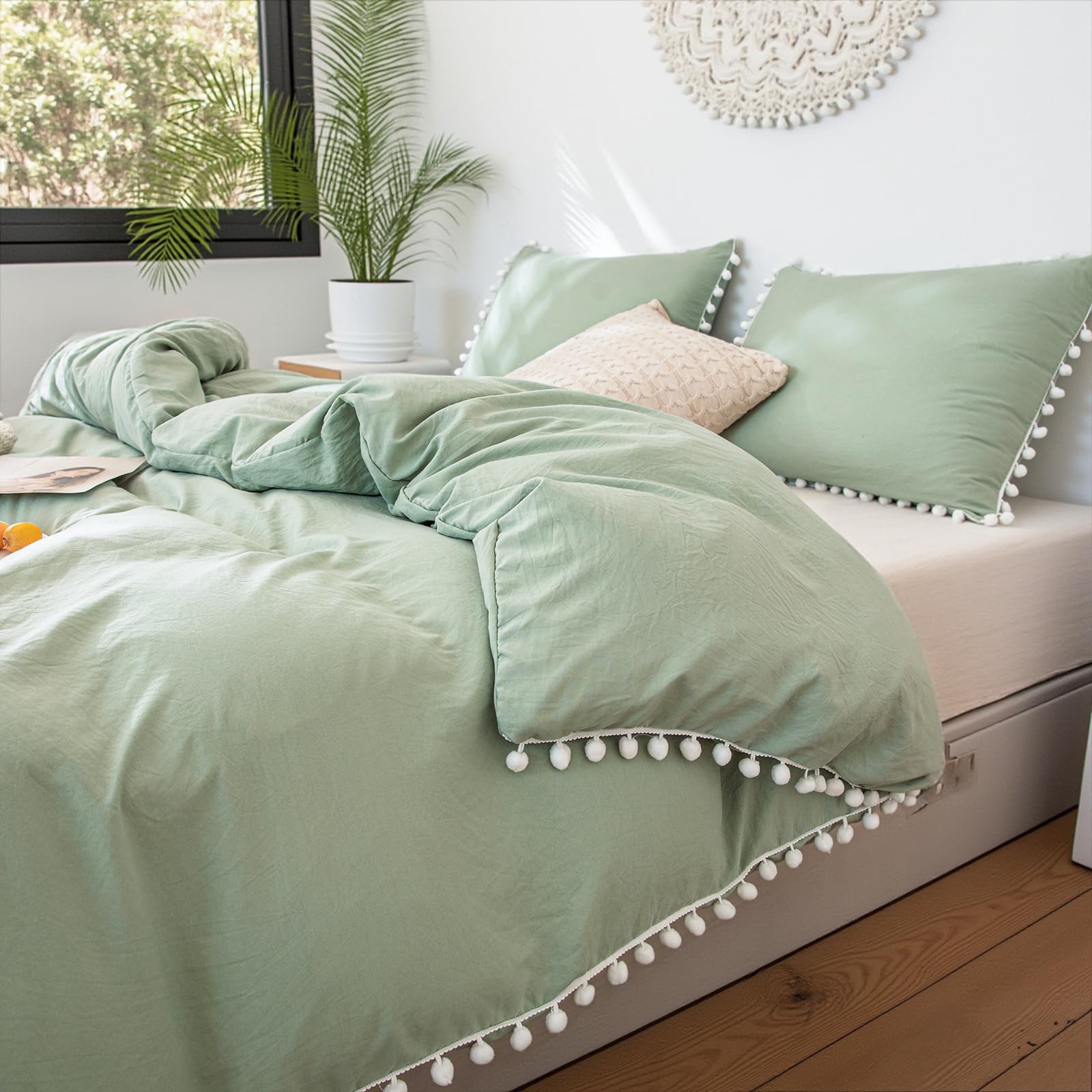 King Size Sage Green Pom Pom Comforter Set - 3 Piece Farmhouse Boho Bedding | 100% Washed Microfiber, Soft & Lightweight Fluffy Duvet Cover | Perfect for Master Bedroom, Guest Room & Cozy Farmhouse Decor