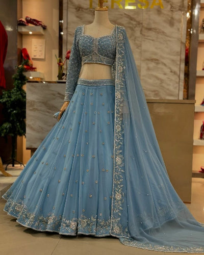 Powder Blue Rivet Moti & Sequins Embroidered Lehenga Choli Set for Women - Indian Bridal Wear, Wedding Party Outfit, Festive Occasion Costume