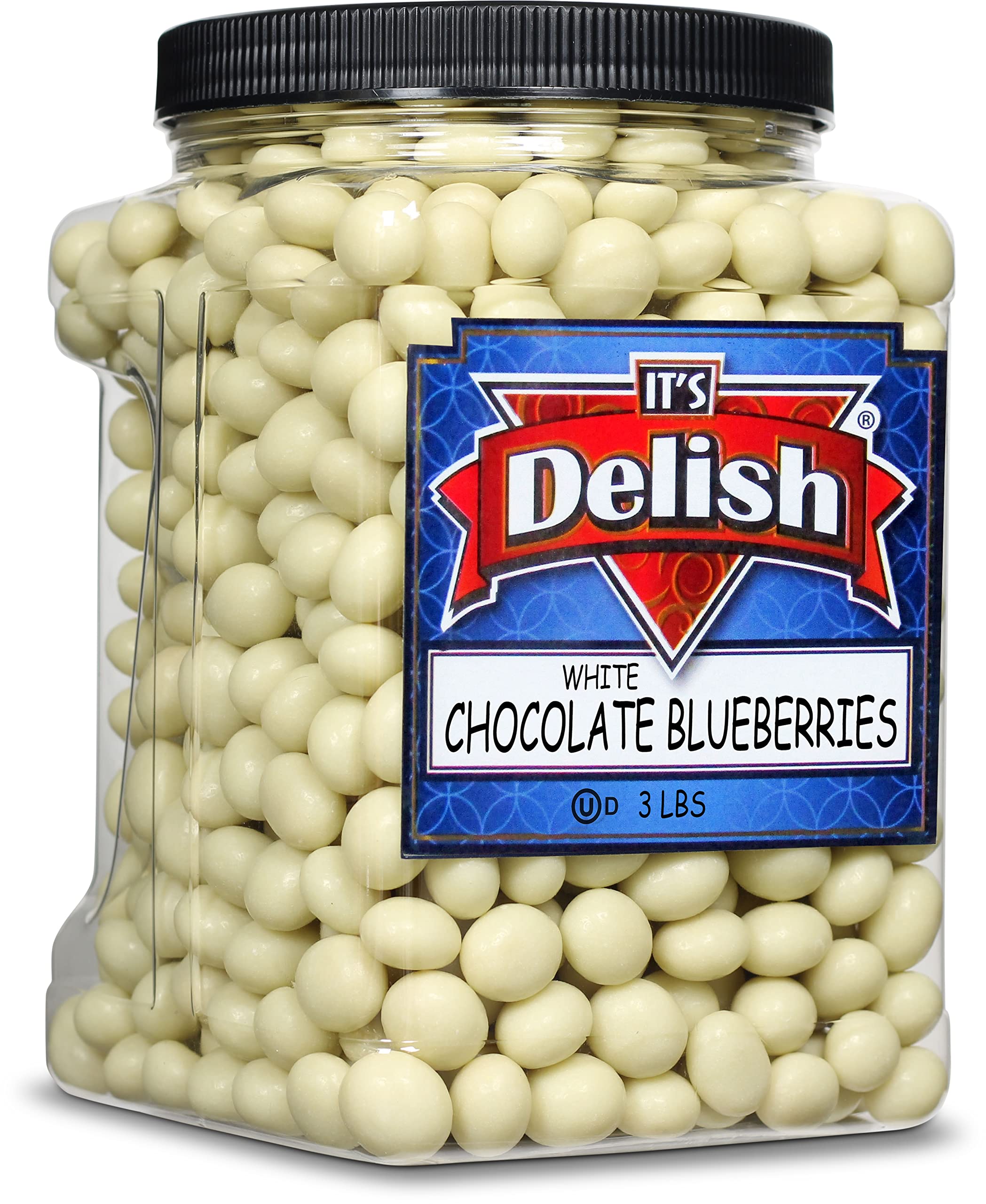 Gourmet White Chocolate Covered Blueberries - 3 LBS Bulk Jumbo Jar | Kosher Dairy Milk Chocolate Coated Dried Fruit Berries | Perfect for Parties, Snacks, Desserts & Gift Baskets | It's Delish Brand
