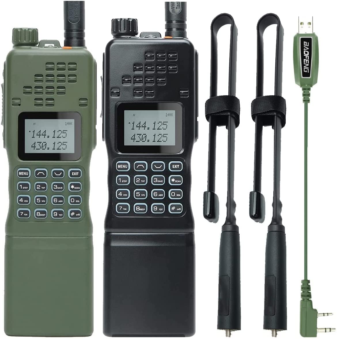 2 Pack Baofeng AR-152 Tactical Military Grade Walkie Talkies - 10W Long Range Rechargeable Handheld Two-Way Radios with Tactical Antenna & Programming Cable (Green+Black) - Ideal for Outdoor Adventures, Emergency Communication, and Security Operations