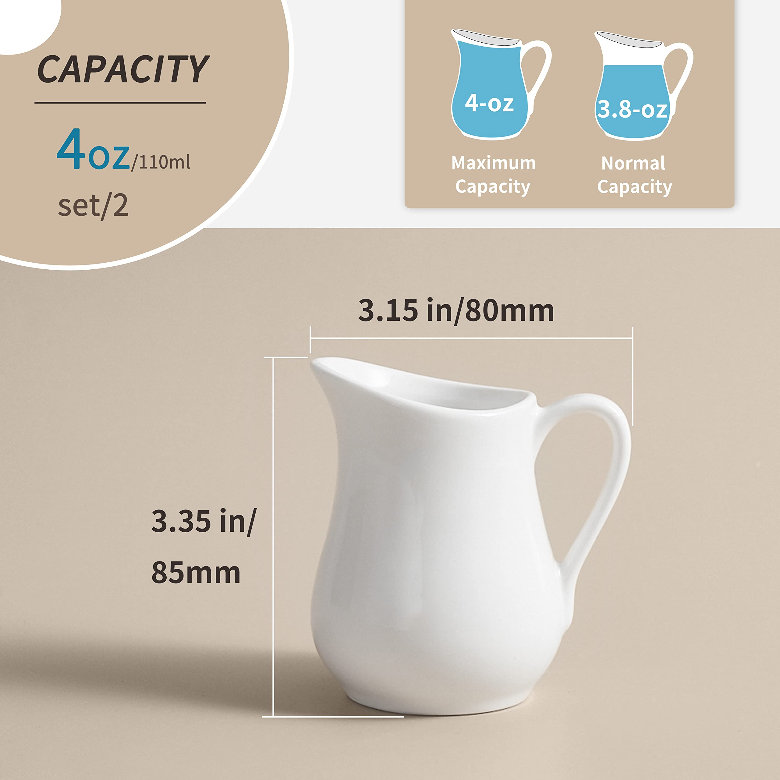Gurygo 2 Pack 4 Oz Classic White Ceramic Creamer Pitcher with Handle - Fine Porcelain Milk Jug for Coffee, Tea, Sauces & Salad Dressing - Microwave & Freezer Safe - Perfect for Restaurants, Cafes & Home Kitchen Use