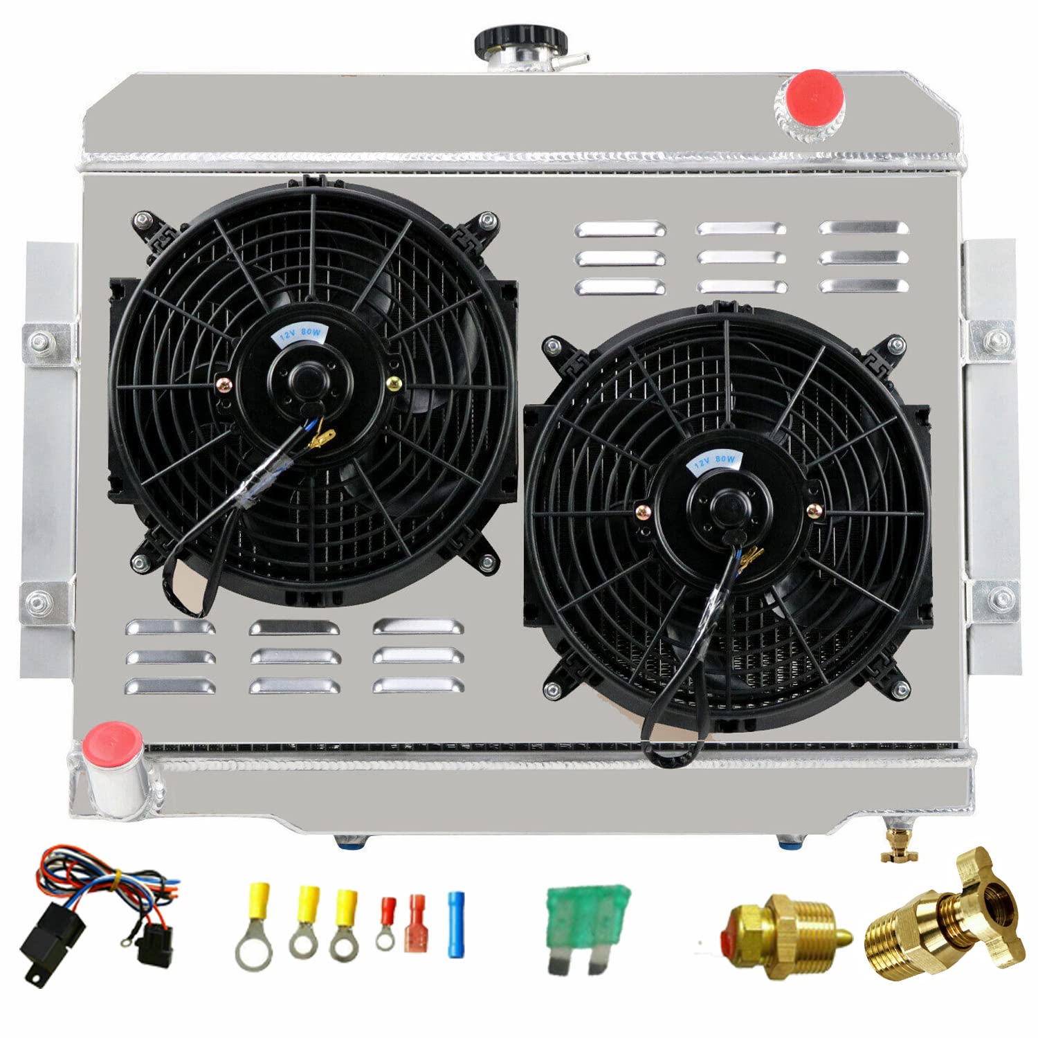 High-Performance 3 Row Aluminum Radiator for 1972-1986 Jeep CJ5 CJ6 CJ7 & Scrambler - Direct Fit Replacement for L6 & V8 Engines - Includes Shroud & Fan Relay - Perfect for Off-Roading & Classic Jeep Restoration