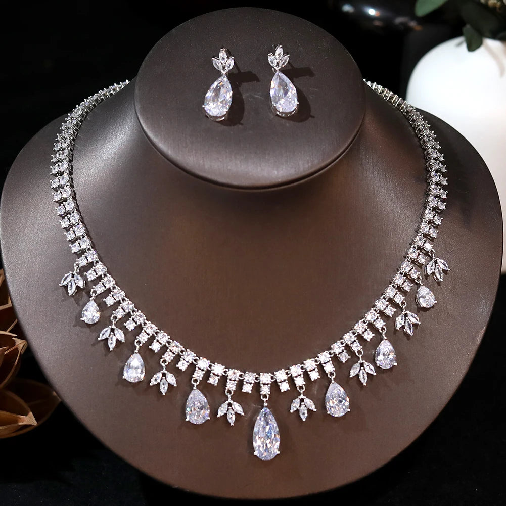 Elegant Droplet Cubic Zirconia Tassel Bridal Jewelry Set - Necklace & Earrings for Wedding, Prom, Evening Gala & Special Occasions | Perfect Gift for Bride, Bridesmaids & Formal Events