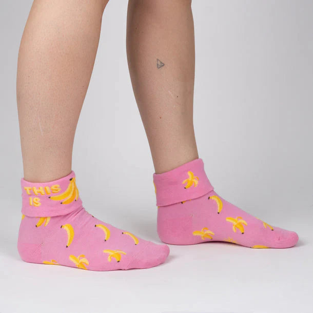 Fun Banana Print Crew Socks with Turn Cuff - Sock It To Me Novelty Socks for Women & Men - Perfect for Casual Wear, Gifts, and Themed Outfits