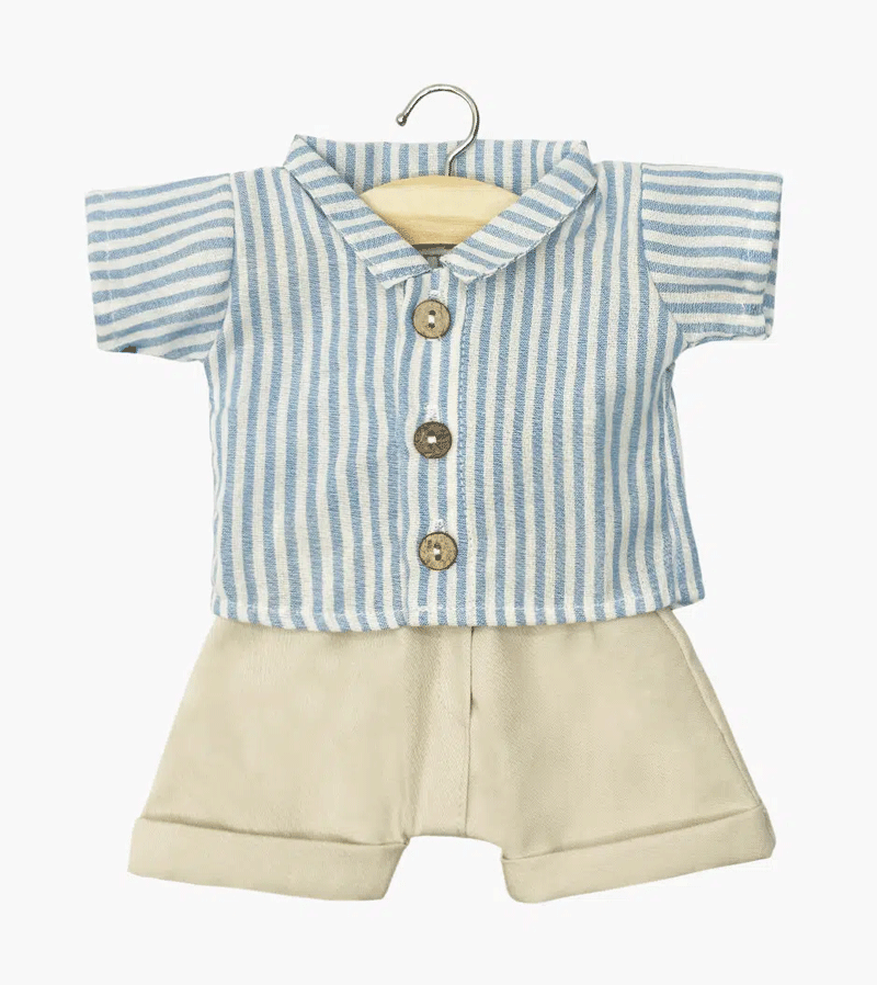 Minikane Blue Striped Leopold Shirt & Beige Suspenders Baby Doll Outfit Set - Perfect for Dress Up, Photo Shoots & Collectible Displays