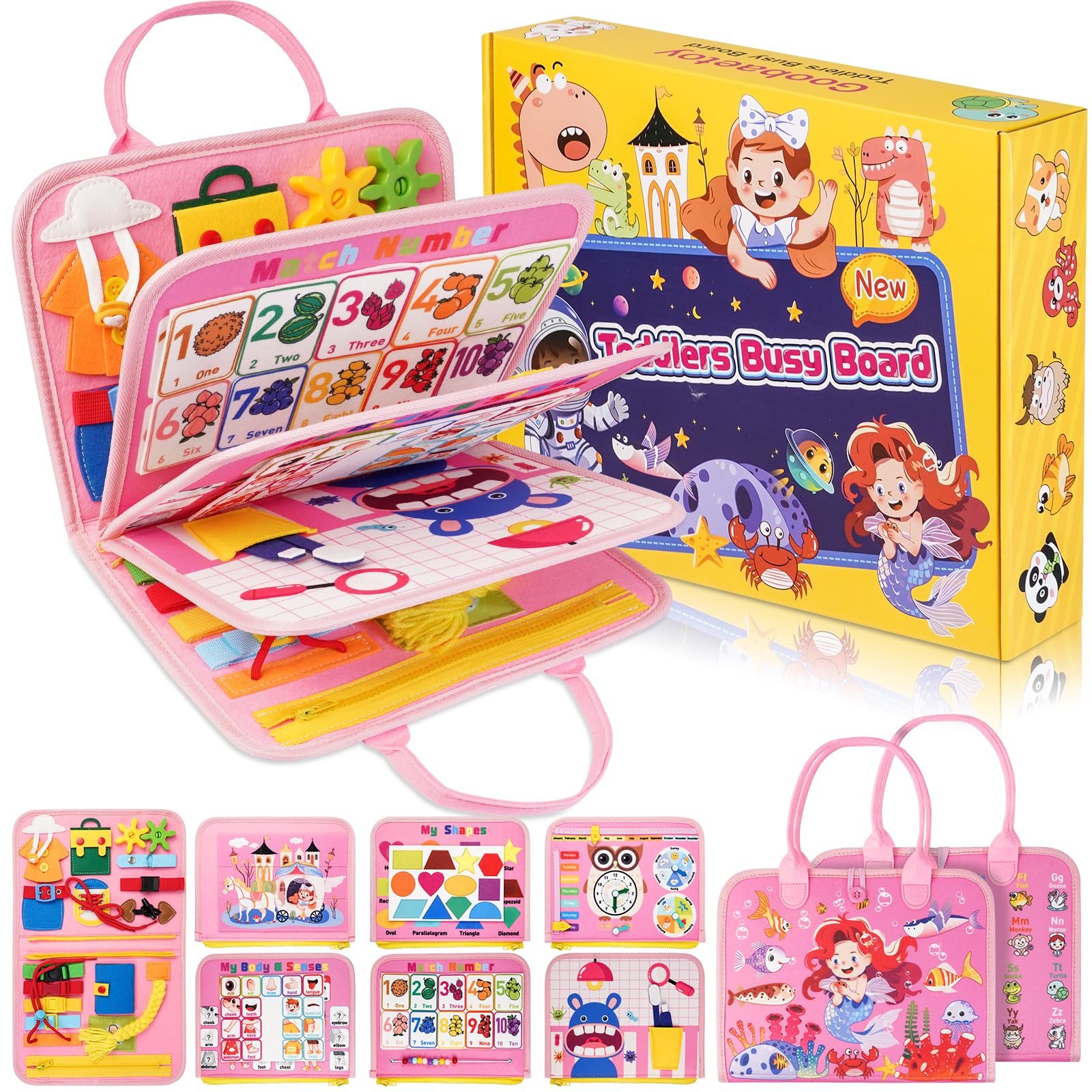 Montessori Busy Board for Toddlers 1-3 - Sensory Travel Toy for Girls | Christmas Birthday Gift for 2 Year Olds | Airplane & Road Trip Activity