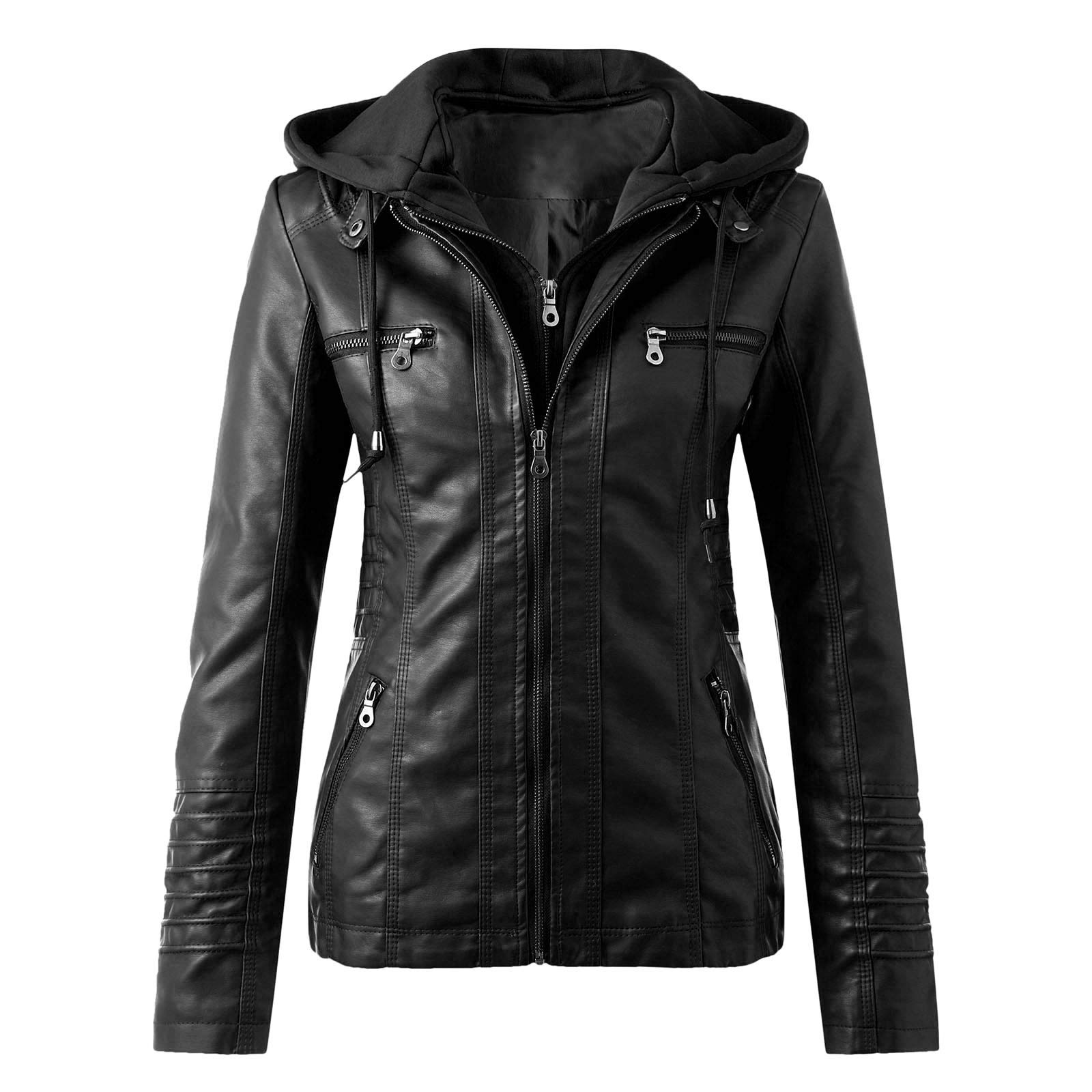 Women's Slim Fit Leather Jacket with Zip Belt & Stand Collar - Stylish Motorcycle Coat for Winter - Perfect for Biker Outfits, Casual Wear & Night Out