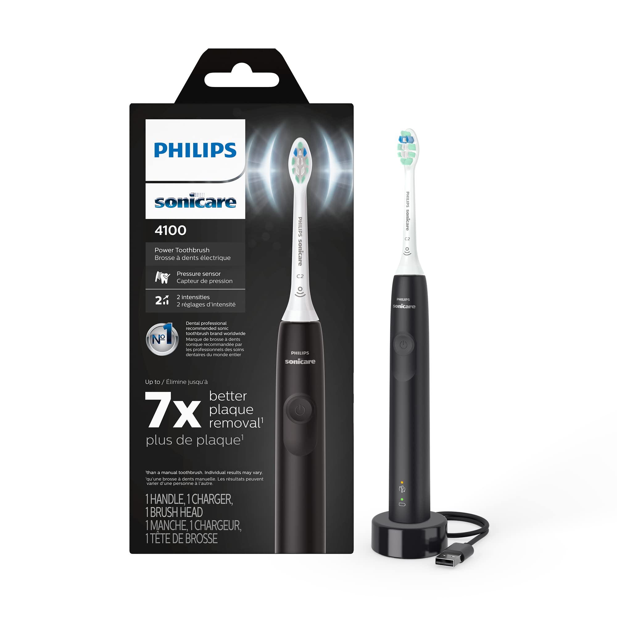 Philips Sonicare 4100 Rechargeable Electric Toothbrush with Pressure Sensor - HX3681/24 Black | Professional Teeth Cleaning for Whitening & Gum Care | Perfect for Travel & Daily Oral Hygiene