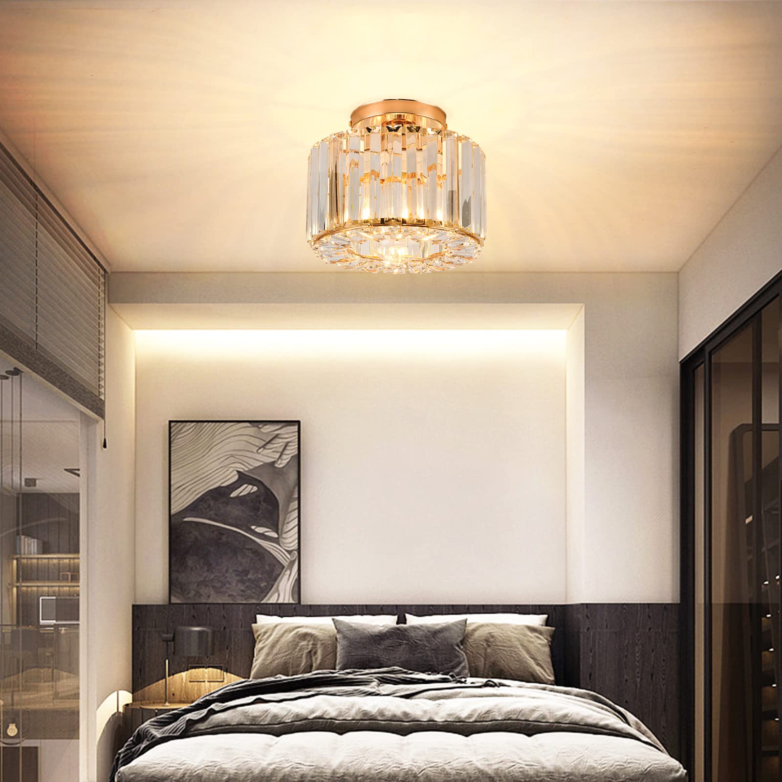 Crystal Ceiling Light Fixture - Gold Semi Flush Mount Chandelier with Crystal Accents for Bedroom, Kitchen, Hallway, Dining Room & Living Room | Elegant Lighting for Home Decor, Entryway & Bar Areas