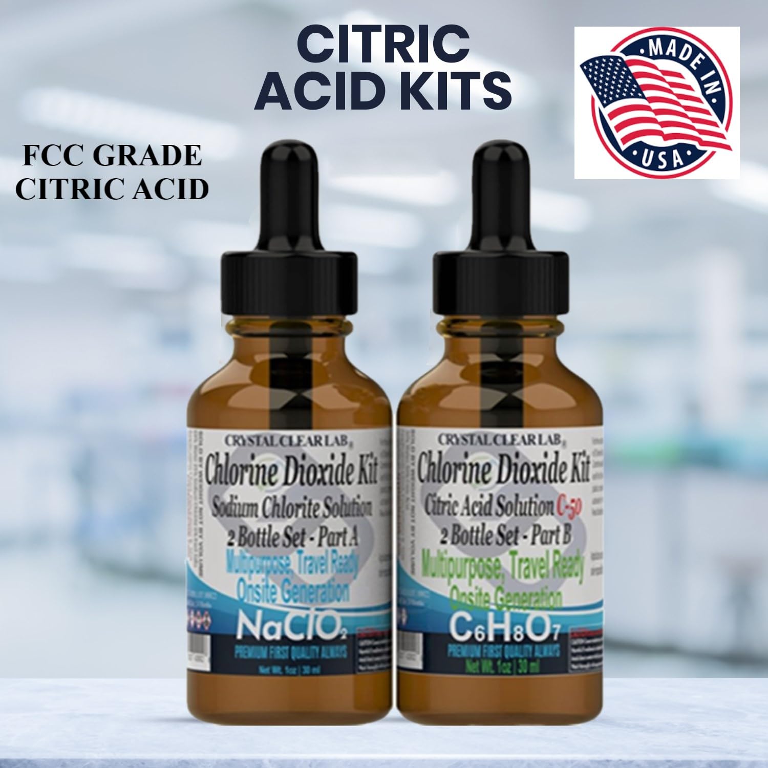 Crystal Clear Chlorine Dioxide ClO2-Kit with Citric Acid Solution & EZ-Drop Bottles - 1 Oz (2 Bottles) | Water Purification, Disinfection & Odor Removal for Camping, Emergency Preparedness & Home Use