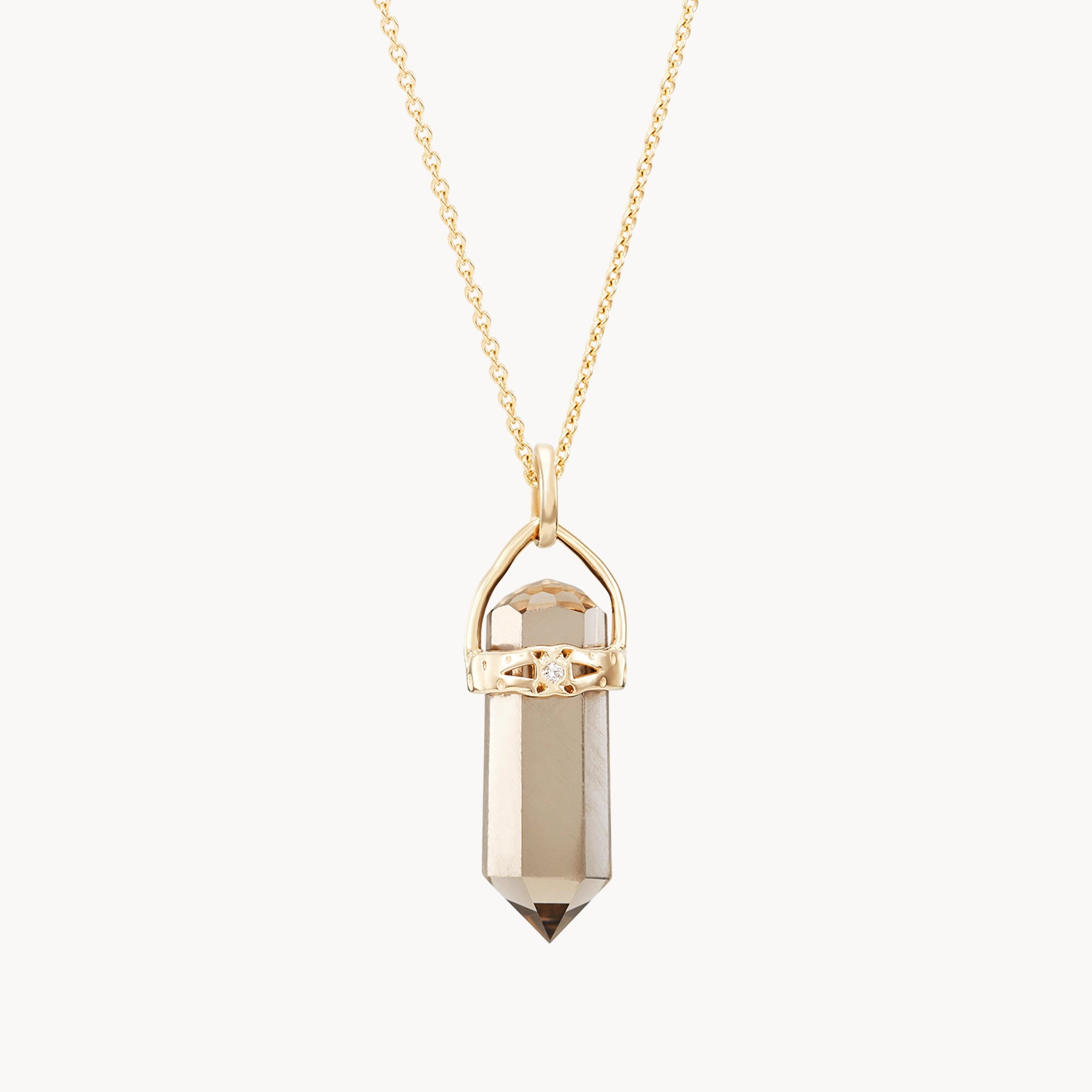 10K Yellow Gold Smoky Quartz Amulet with White Sapphire - Elegant Jewelry for Women, Perfect for Gifts, Weddings & Special Occasions