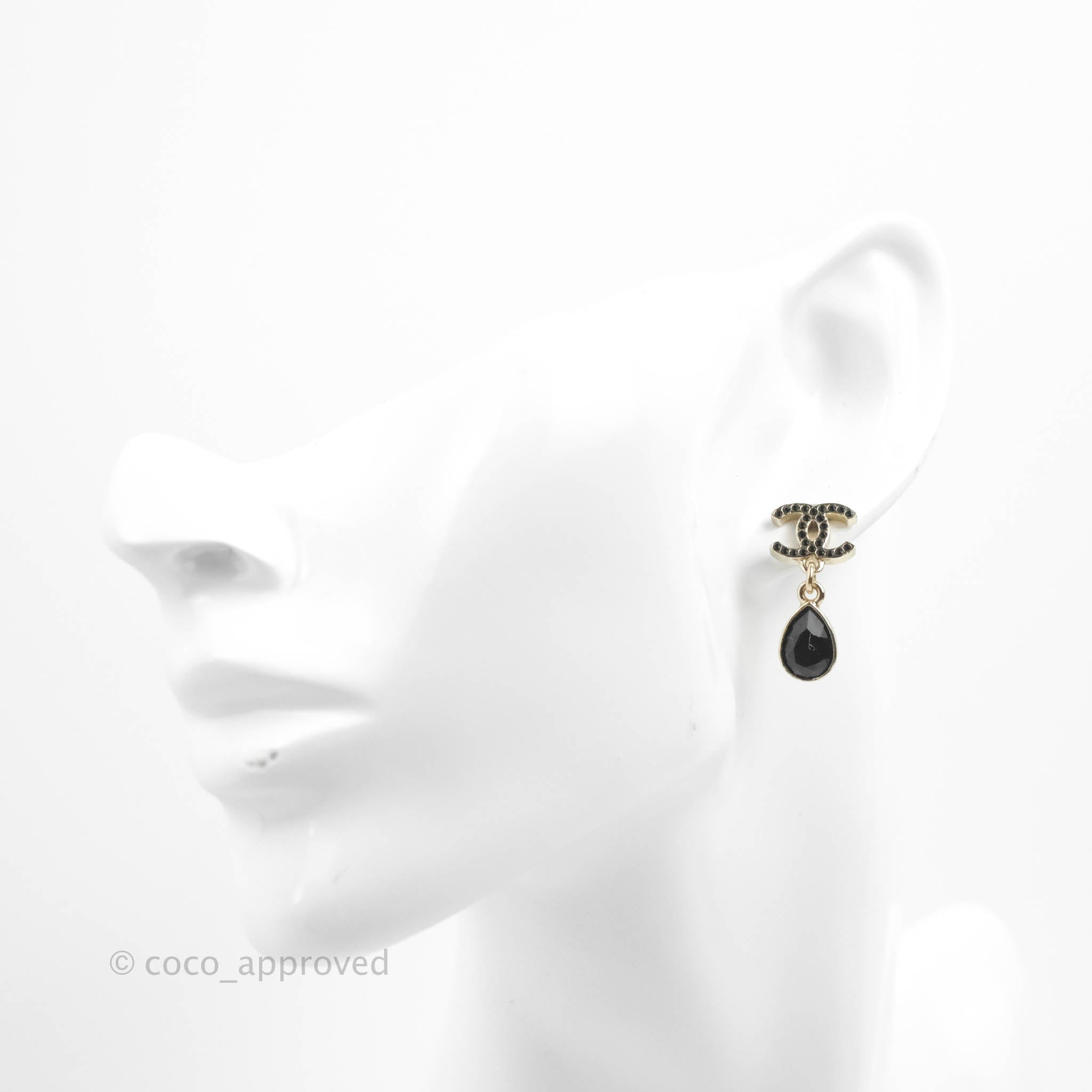 Chanel CC Black Resin Drop Earrings 21K Gold Tone - Elegant Dangling Earrings for Women, Perfect for Parties, Weddings & Evening Events