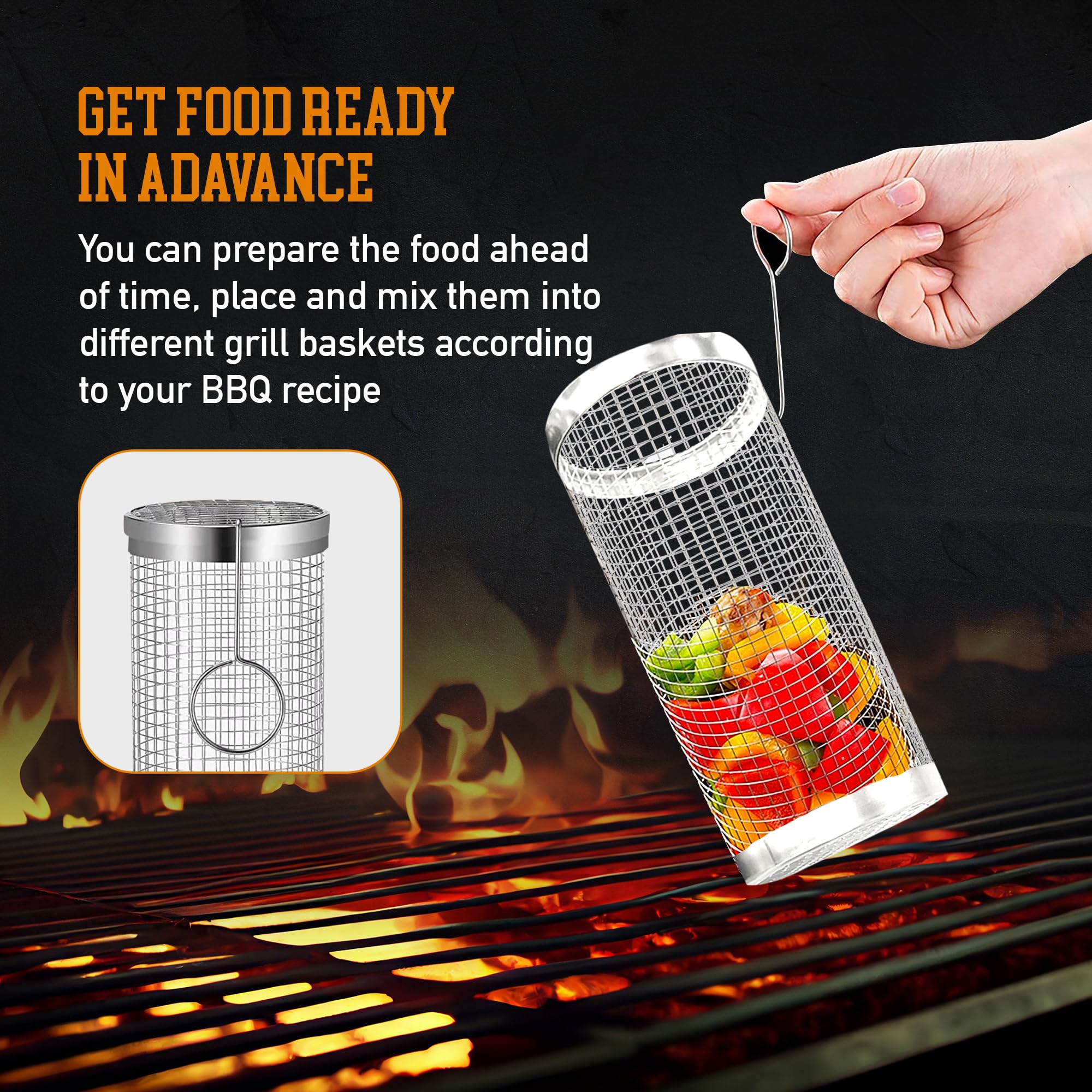 Premium Stainless Steel Grill Baskets Set of 2 - Heavy Duty Rolling BBQ Baskets for Fish, Vegetables, Meat & More - Includes 2 Forks, 2 Hooks, Spray Bottle & 4 Brushes - Perfect for Outdoor Grilling, Camping, Picnics & Backyard BBQs