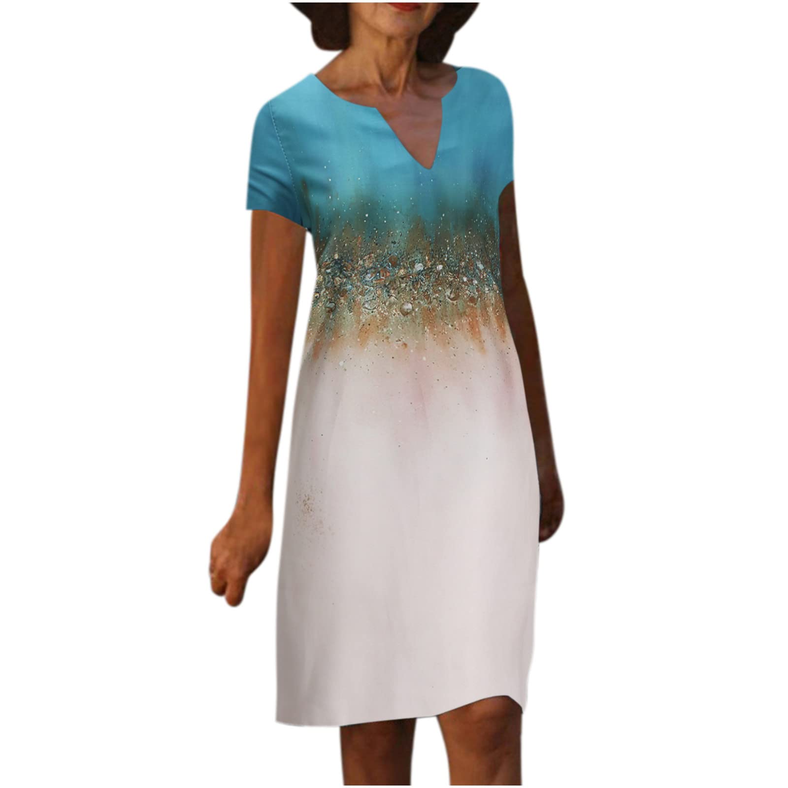 FAVIPT Floral Summer Dresses for Women 2023 | Wedding Guest Dress, Short Sleeve V-Neck A-Line Shift Dress, Knee-Length Sundress | Perfect for Beach Vacations, Garden Parties & Casual Outings