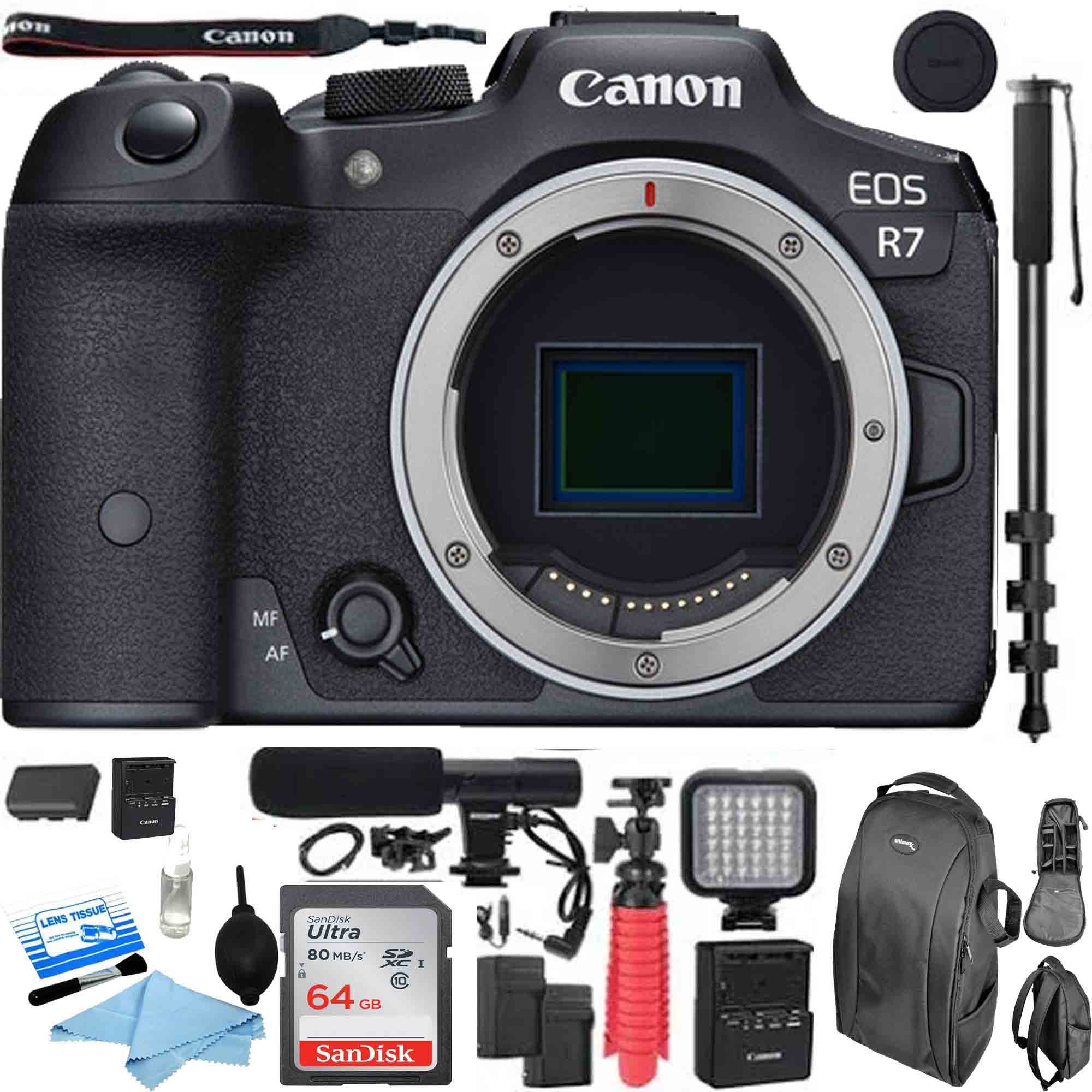 Canon EOS R7 Mirrorless Digital Camera Body with 4K Video, Microphone, LED Light, Monopod & Backpack Kit - Perfect for Vlogging, Travel Photography & Content Creation