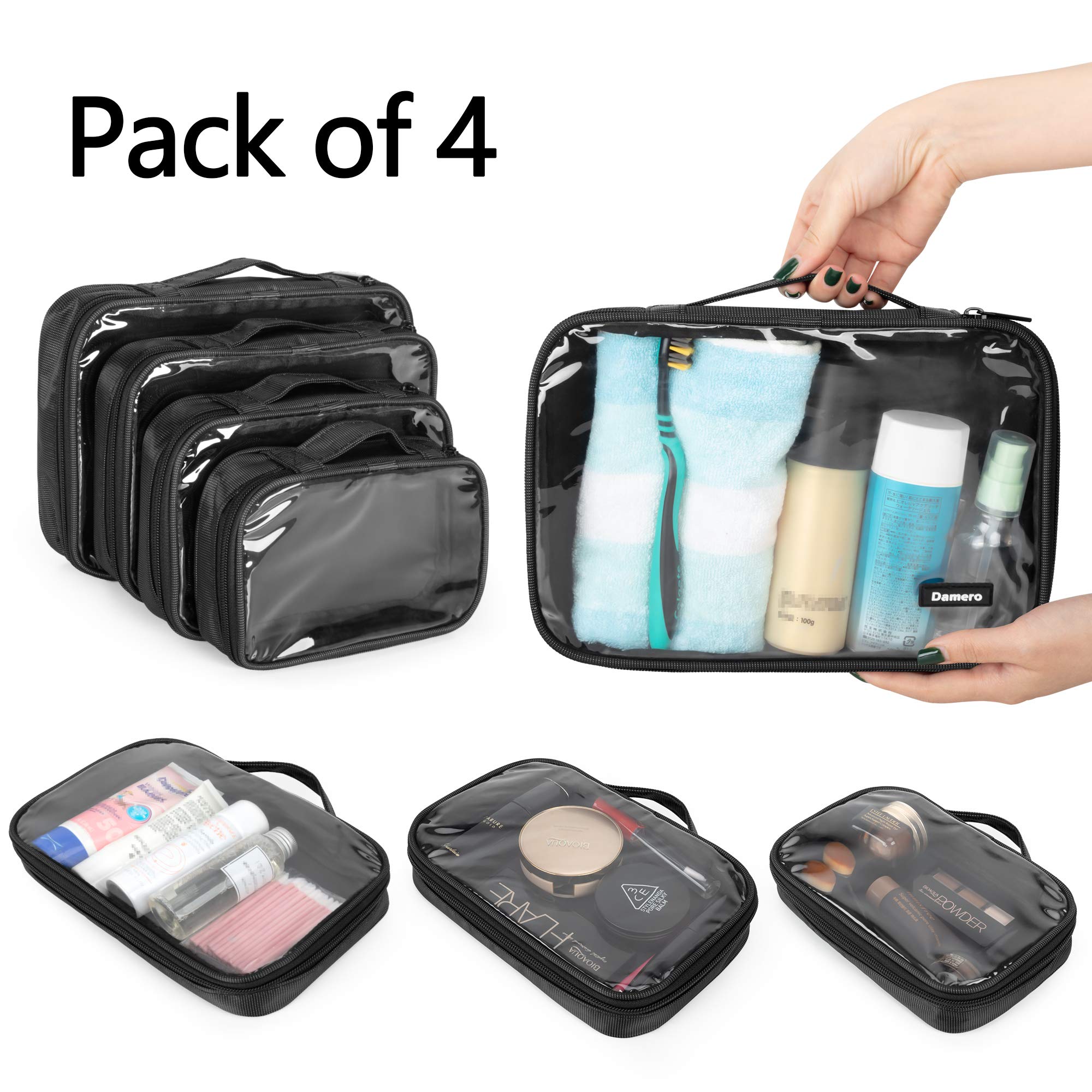 Damero 4-Piece Clear Toiletry Bag Set - Waterproof Travel Makeup Organizer for Cosmetics, Toiletries & Essentials - Perfect for Airplane Carry-On, Business Trips & Vacation Packing
