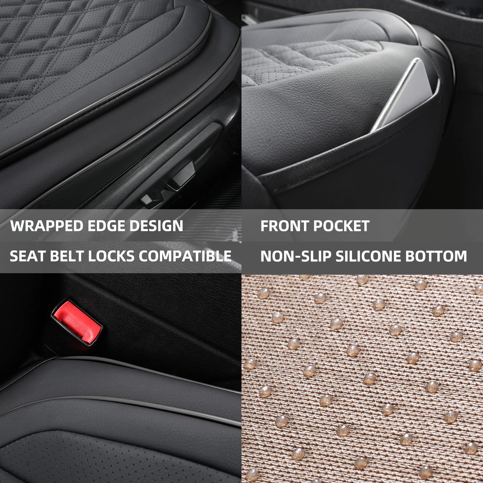 Premium PU Leather Car Seat Covers - Universal 2-Piece Front Bottom Seat Protectors with Anti-Slip Design & Storage Pockets | Fits 95% Vehicles | Perfect for Daily Commuting, Road Trips & Car Interior Protection (Black Grid)