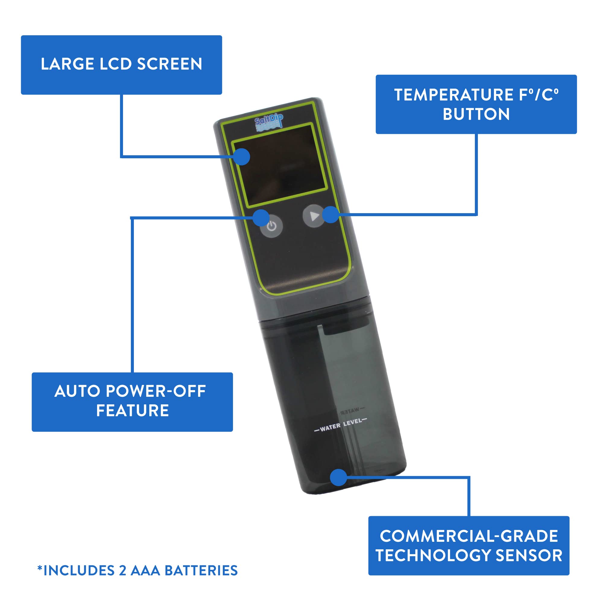 Solaxx Salt Dip 2-in-1 Digital Saltwater Pool Tester | Accurate Water Salinity & Temperature Measurement | for Saltwater Pools, Hot Tubs & Aquariums