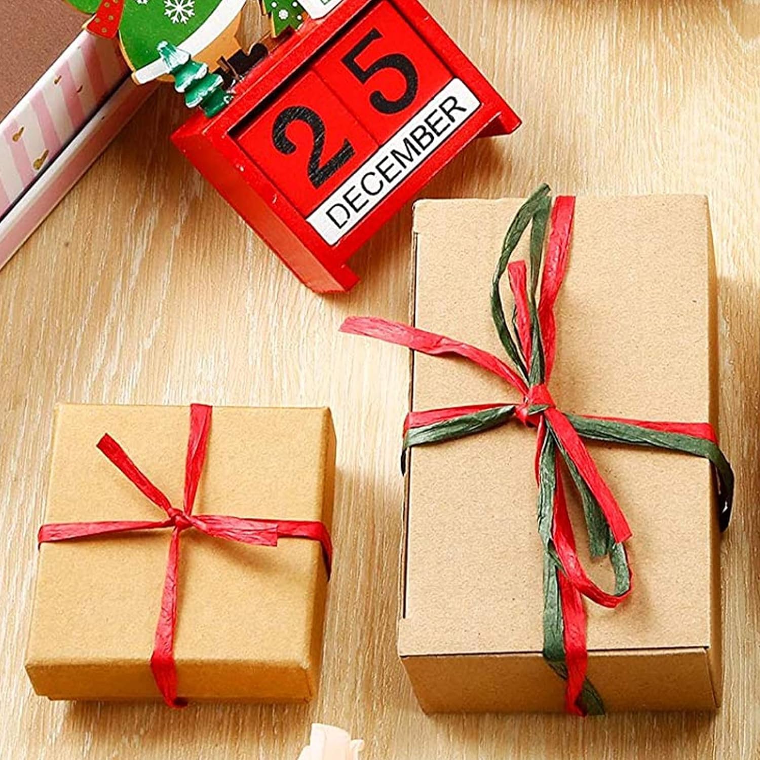 3 Roll Ribbon Set - 65 Feet/20M Each (Red, Green, Kraft Paper) - Christmas Holiday DIY Decorations, Gift Wrapping & Crafting Supplies - Perfect for Tree Trimming, Present Packaging & Party Decor