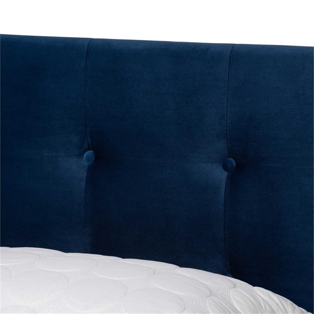 BOWERY HILL Navy Blue Upholstered Queen Size Panel Bed Frame - Luxurious Fabric Headboard for Master Bedroom, Guest Room & Apartment Decor