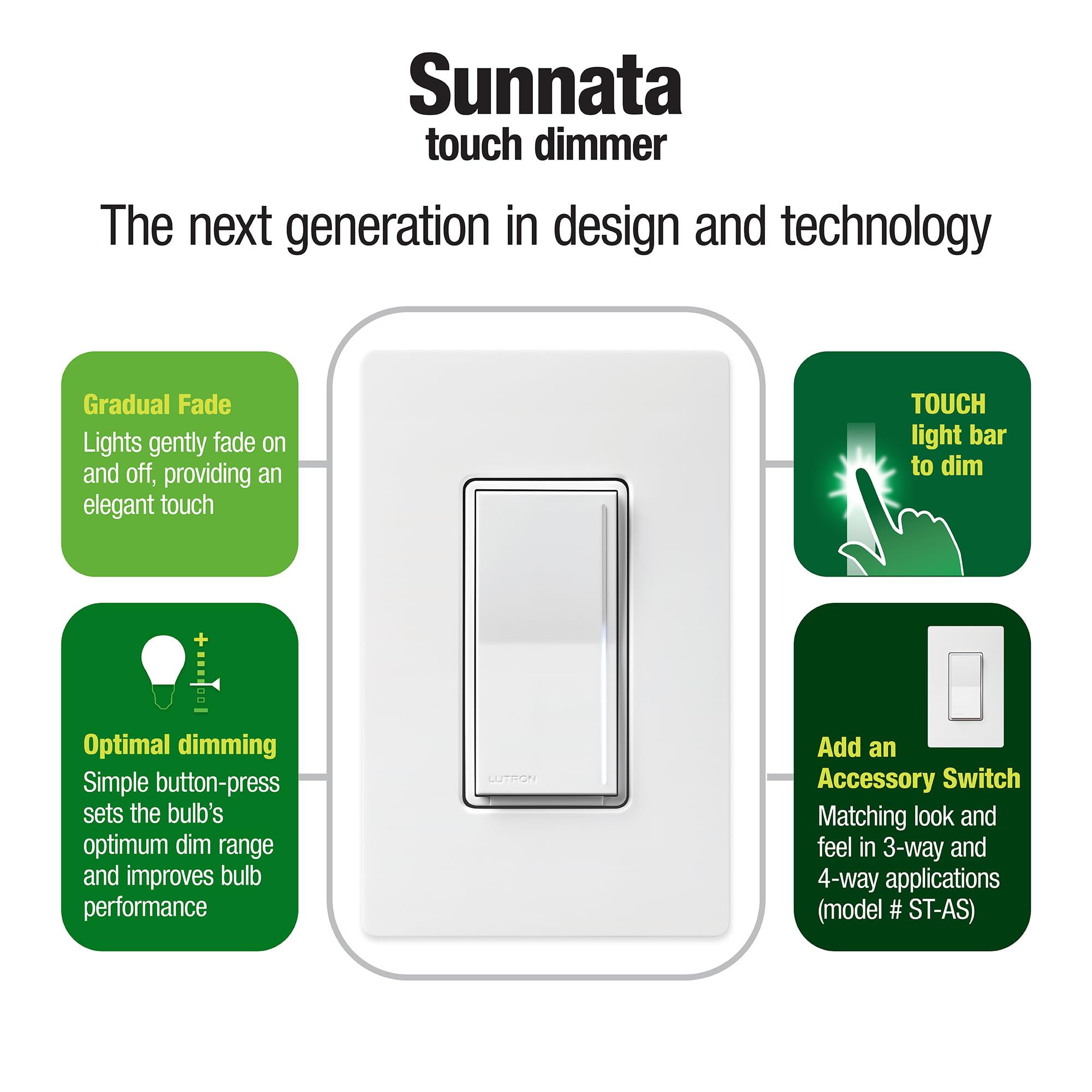 Lutron Sunnata Touch Dimmer Switch with Wall Plate - LED+ Advanced Technology for LED & Incandescent Lights - 3-Way/Multi-Location Control - STCL-153MW-WH White - Perfect for Living Rooms, Bedrooms & Smart Home Lighting Systems
