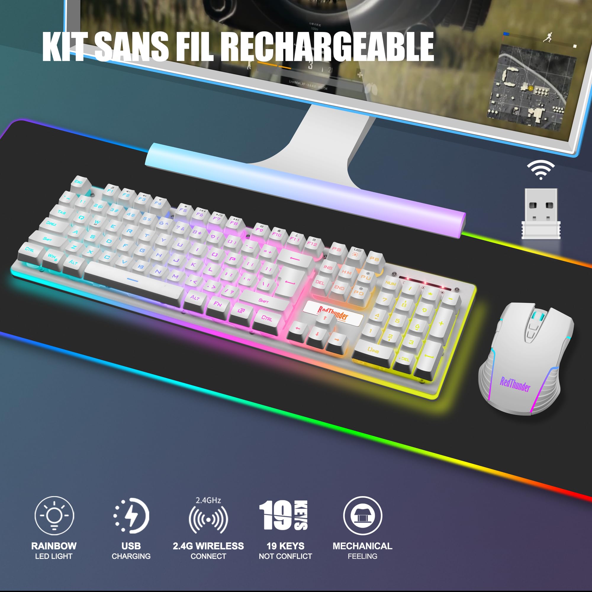RedThunder K10 Wireless Gaming Keyboard & Mouse Set - French AZERTY, 3200DPI, for PC Mac PS5 Xbox (White) - Perfect for Esports & Home Gaming