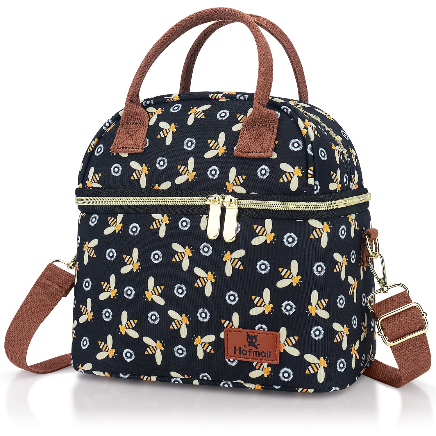 Hafmall Insulated Lunch Bag for Women & Teens - Dual Compartment Reusable Lunch Tote with Adjustable Shoulder Strap - Leakproof Work Lunch Box for Office, School, Picnic & Travel - Bee Design