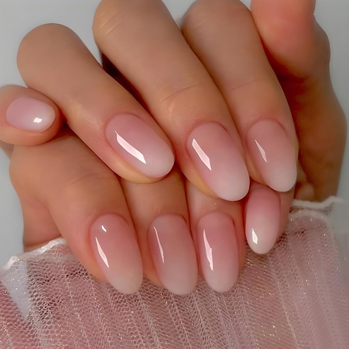 24Pcs Almond Press on Nails - Short Round White Ombre Fake Nails with Elegant Designs | Acrylic Stick on Artificial Nails for Women & Girls | Perfect for Parties, Weddings & Daily Wear