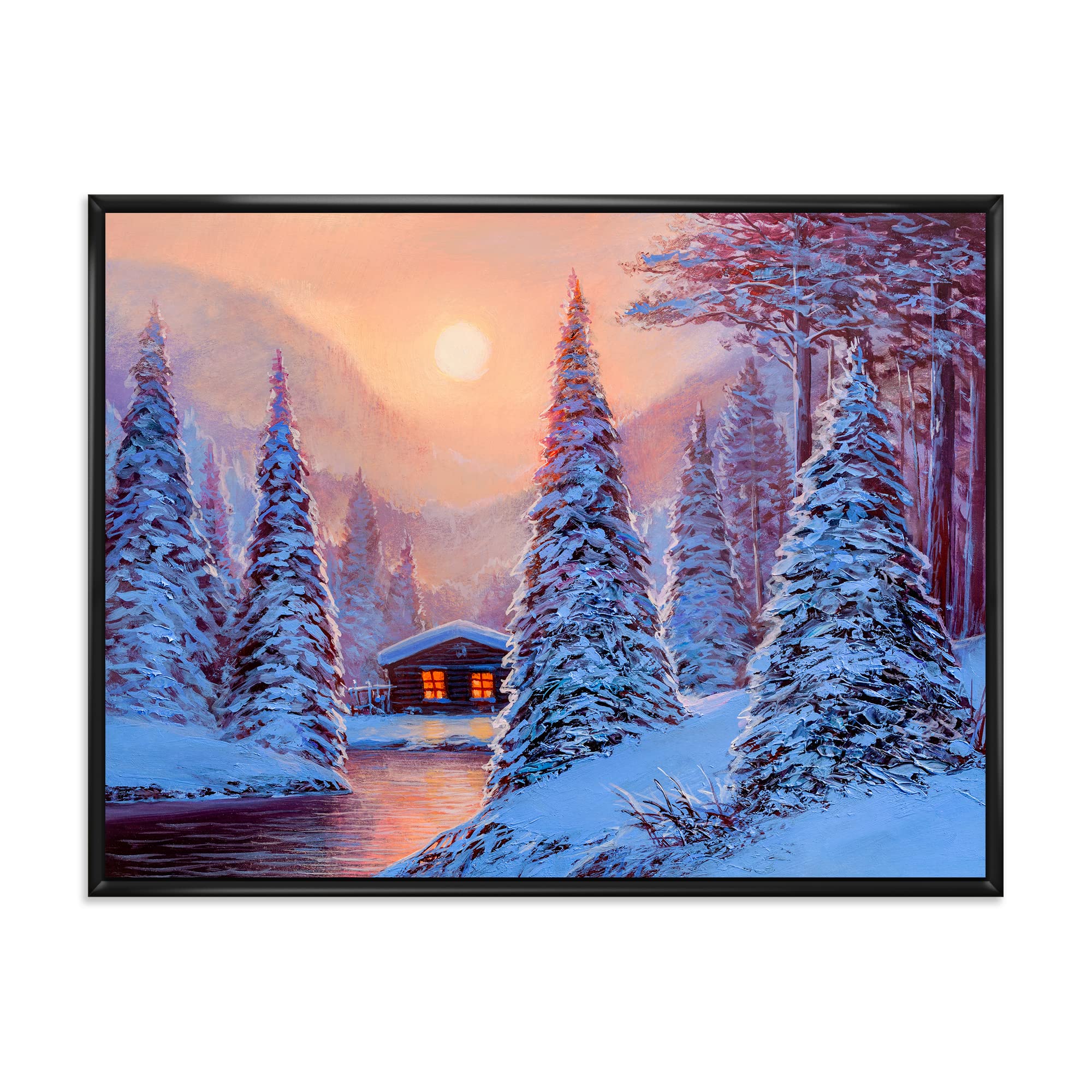 Winter Landscape & River House in the Woods Framed Canvas Wall Art Print - Lake House Decor for Living Room, Bedroom & Office