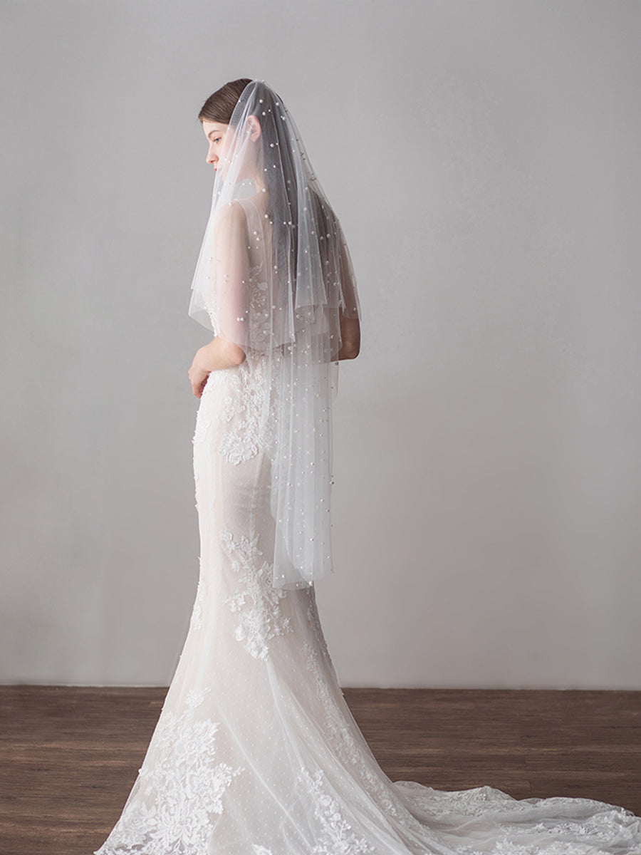 2 Layers Tulle Midi Wedding Veil With Pearls - Elegant Bridal Accessory for Wedding Ceremony & Photography - V607xmj