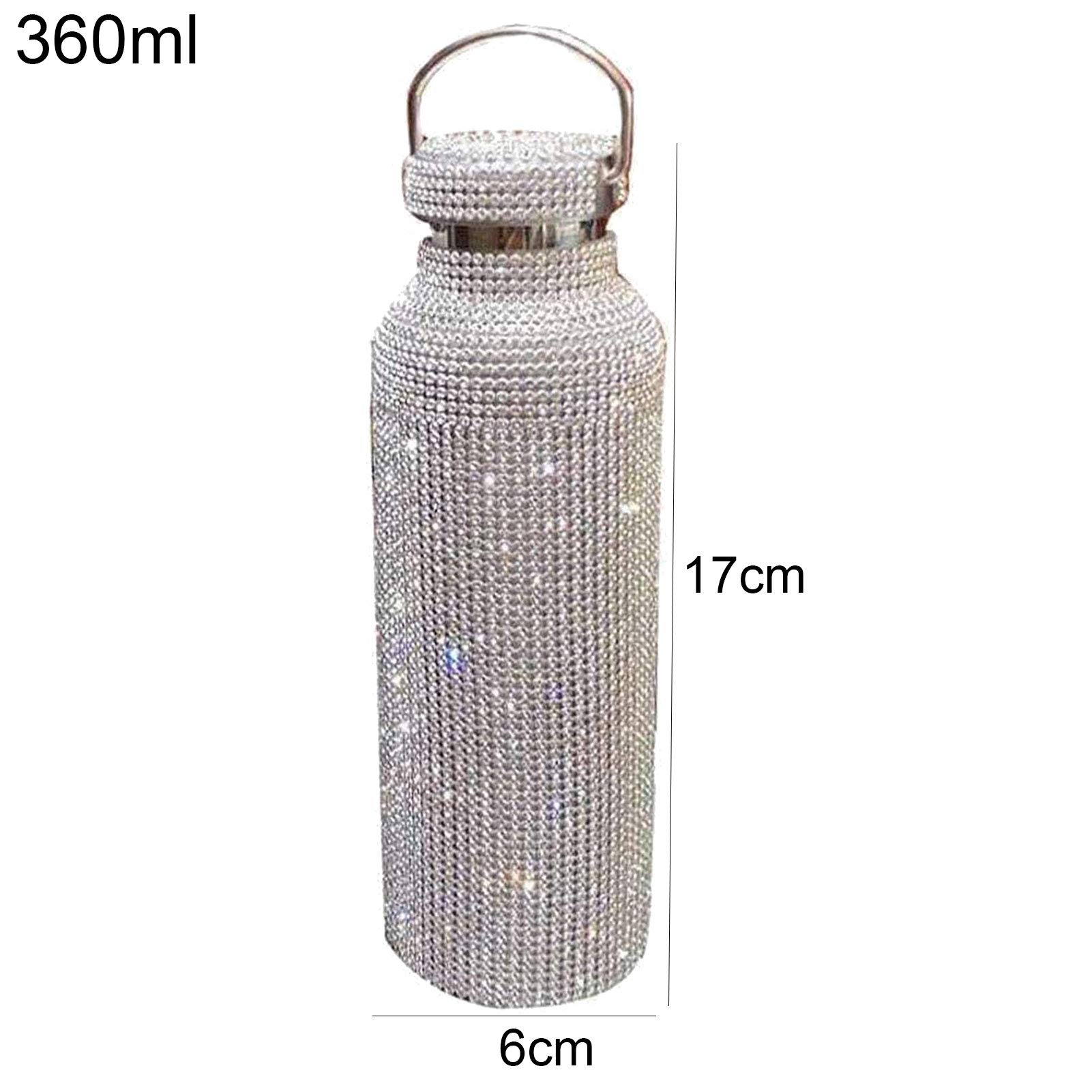 Stylish Rhinestone Stainless Steel Water Bottle 350ml - Double Walled Vacuum Insulated Travel Mug with Lid - Leakproof & Portable for Gym, Office, Hiking - Silver Diamond Design