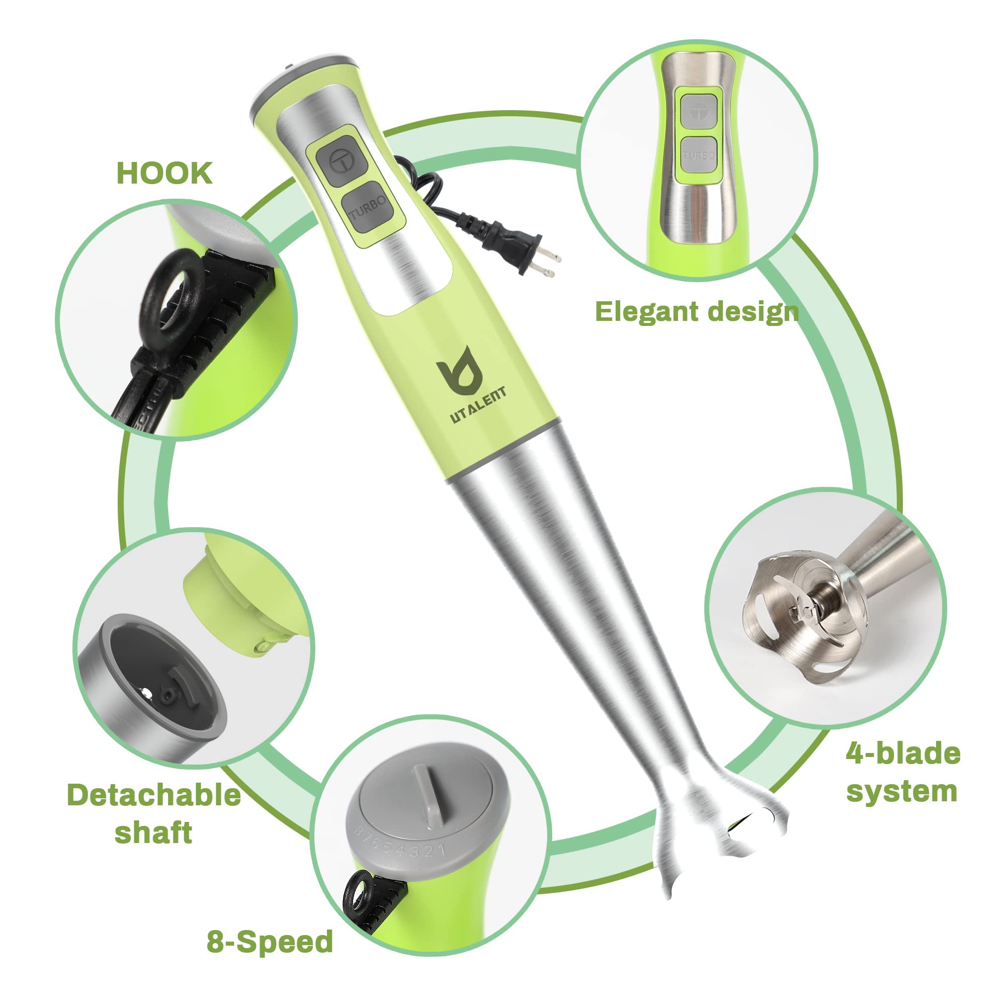 UTALENT 5-in-1 Immersion Hand Blender with 8 Speed Settings | 500ml BPA-Free Food Grinder & 600ml Container | Includes Milk Frother & Egg Whisk | Perfect for Pureeing Baby Food, Making Smoothies, Sauces & Soups | Ideal for Kitchen, Baby Care & Healthy Cooking - Green