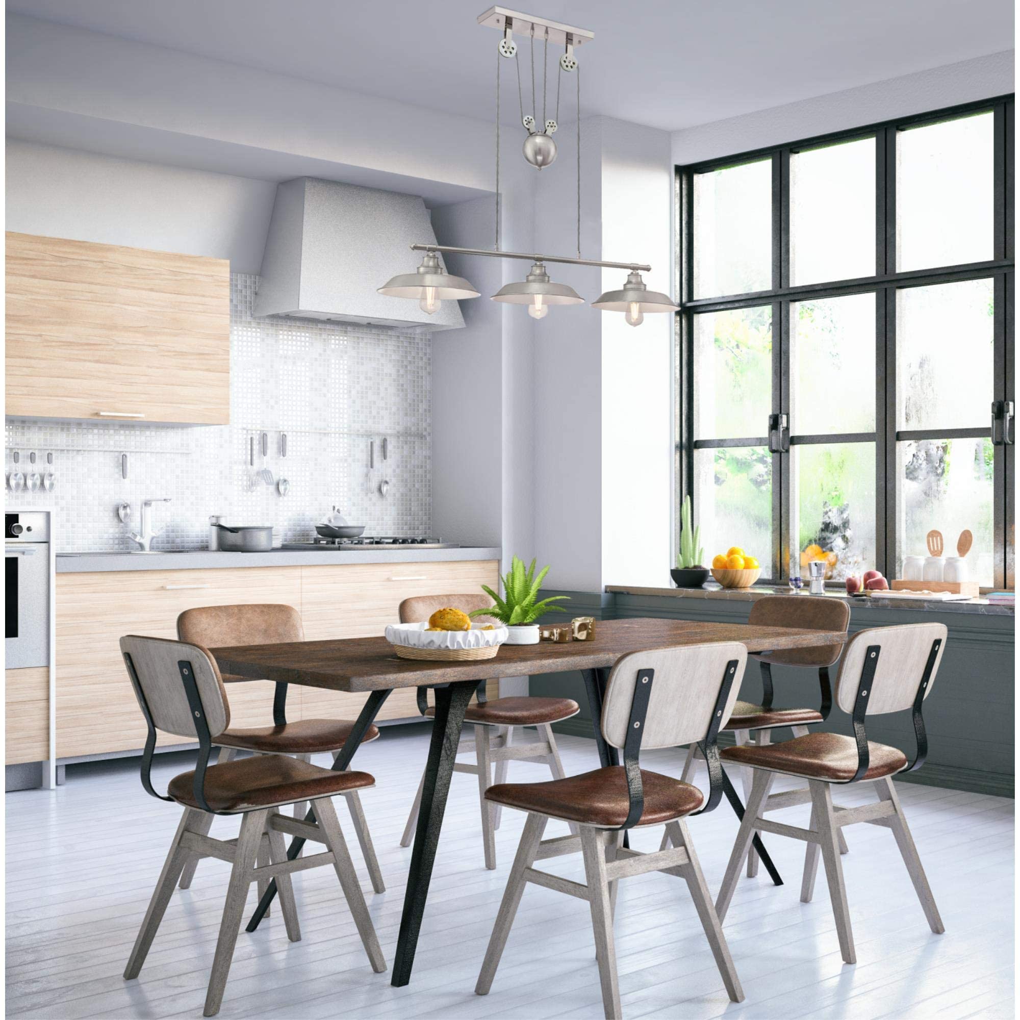 OHHG Lighting 6369900 Iron Hill 3-Light Industrial Pendant Light with Pulley System - Brushed Nickel Finish - Perfect for Kitchen Island, Dining Room, or Farmhouse Decor