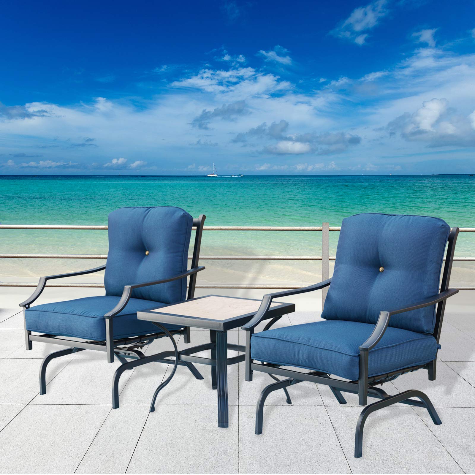 Outdoor Patio Bistro Set - 2 Metal Frame Armchairs with Thick Cushions & Side Table - Blue Garden Furniture for Balcony, Porch, Backyard - Perfect for Relaxing, Dining & Entertaining Outdoors
