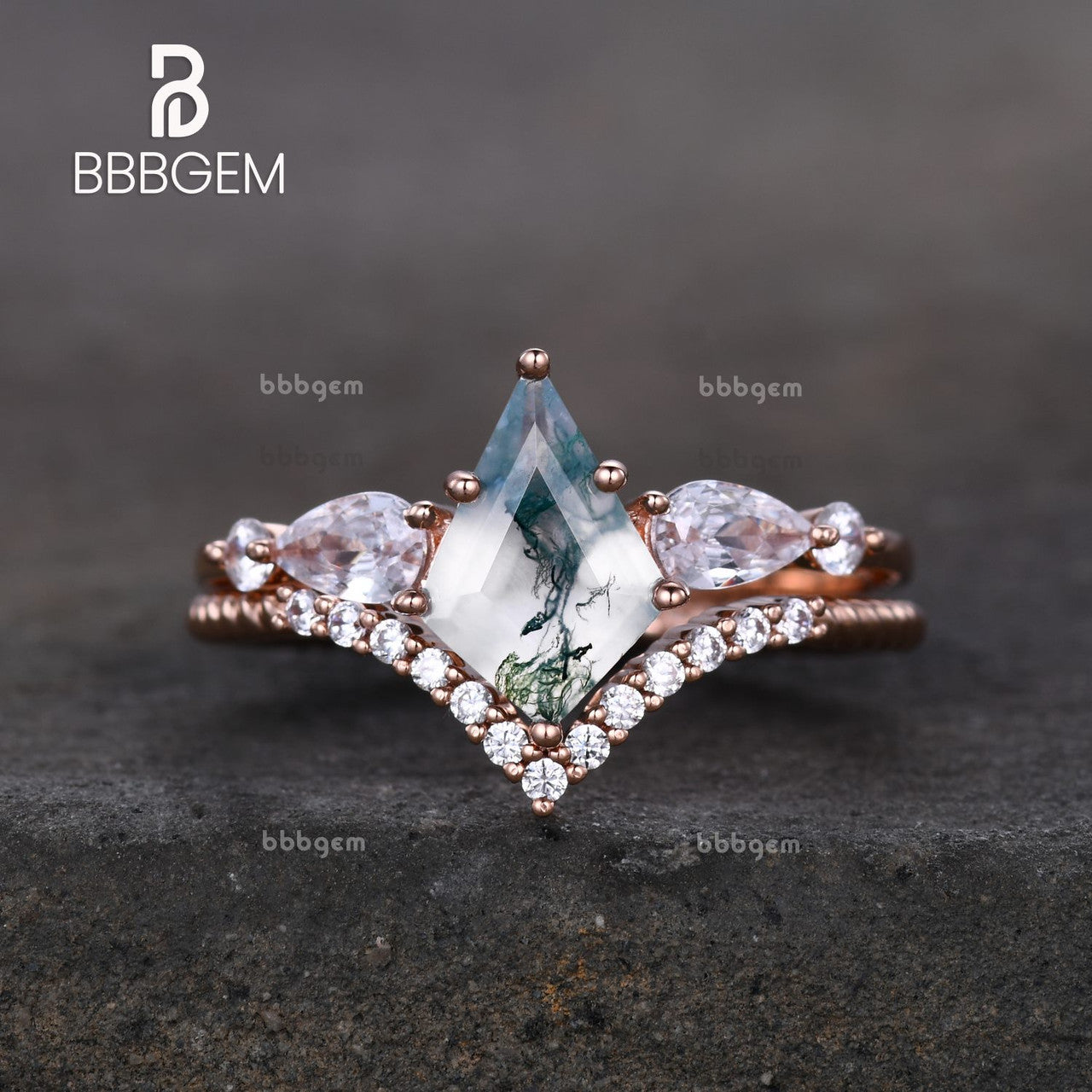Women's Geometric Green Moss Agate Ring Set - Kite Lozenge White Gold Plated Jewelry for Wedding, Anniversary & Special Occasions