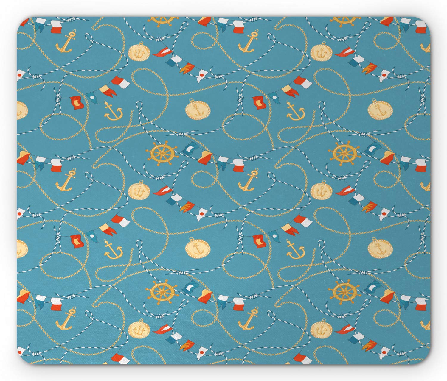 Ambesonne Nautical Mouse Pad - Sailor Anchor Medals, Chains, Flags & Steering Wheel Design, Non-Slip Rubber Base, Standard Size (Cadet Blue/Beige) - Perfect for Office, Gaming & Home Computer Workstations