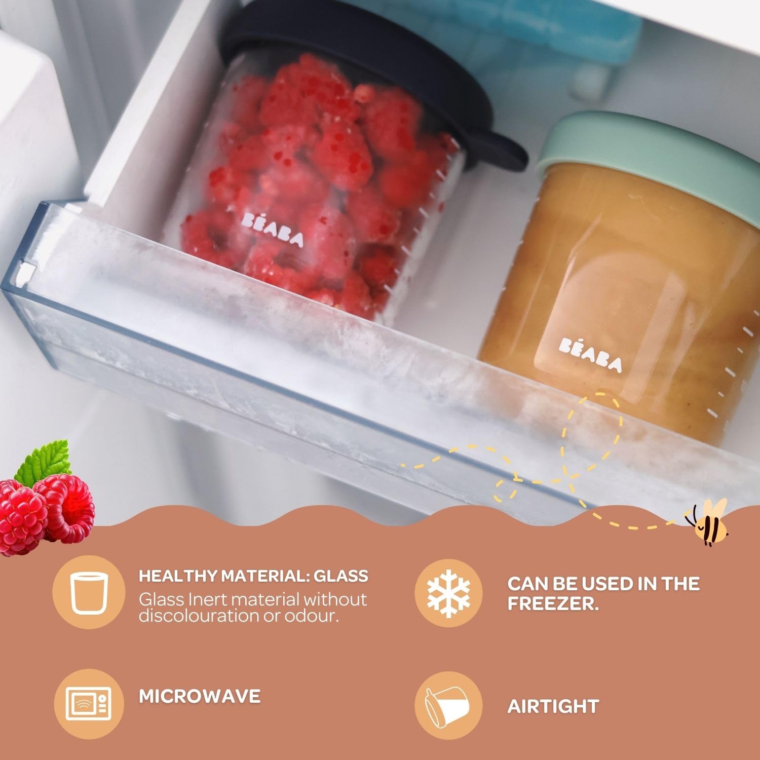 Beaba 2-Pack 8 oz Glass Baby Food Storage Jars with Soft Silicone Airtight Lids - Microwave & Freezer Safe Containers for Homemade Purees, Snacks & Meal Prep - Midnight Blue